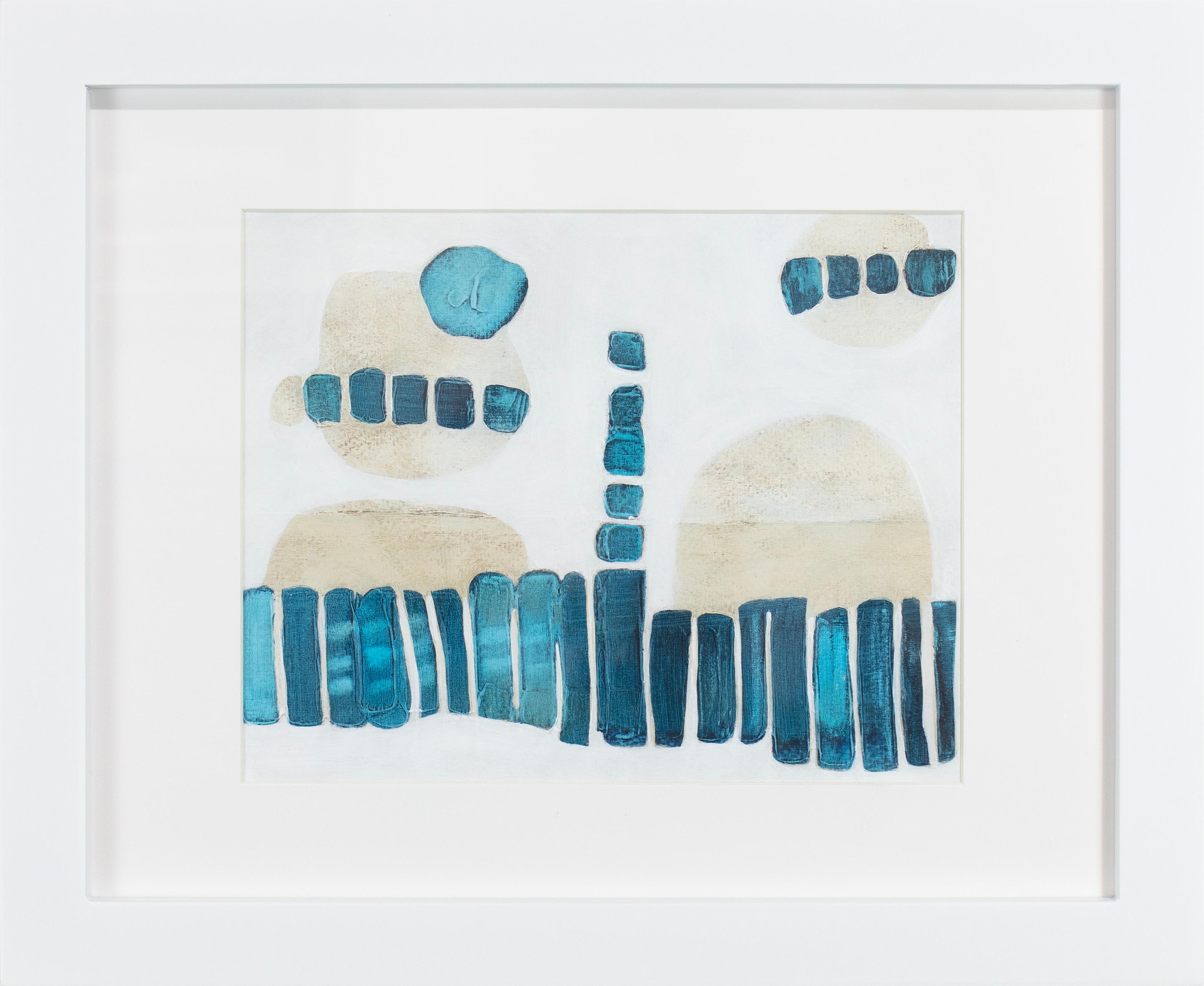 This small abstract painting by Sofie Swann features a coastal white, beige, and blue palette with arrangements of organic forms and shapes. This painting on paper measures 9" x 12" and is matted and framed in a clean, contemporary white frame.