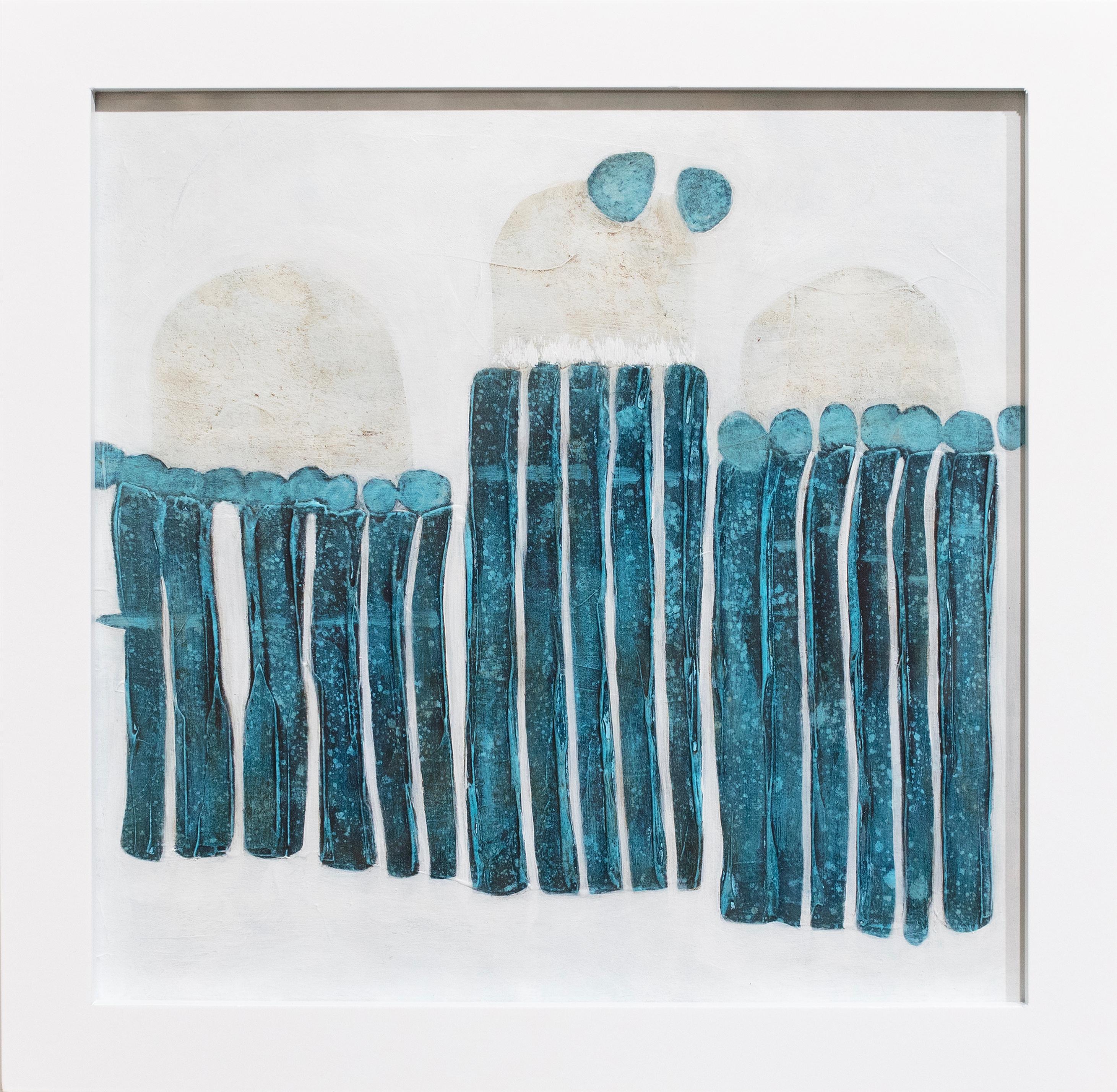 This abstract painting by Sofie Swann features cool coastal palette, with teal blue and beige shapes and a white background. The painting is made on paper and measures 12" x 12". It is framed in a clean, contemporary white frame. Framed, this piece
