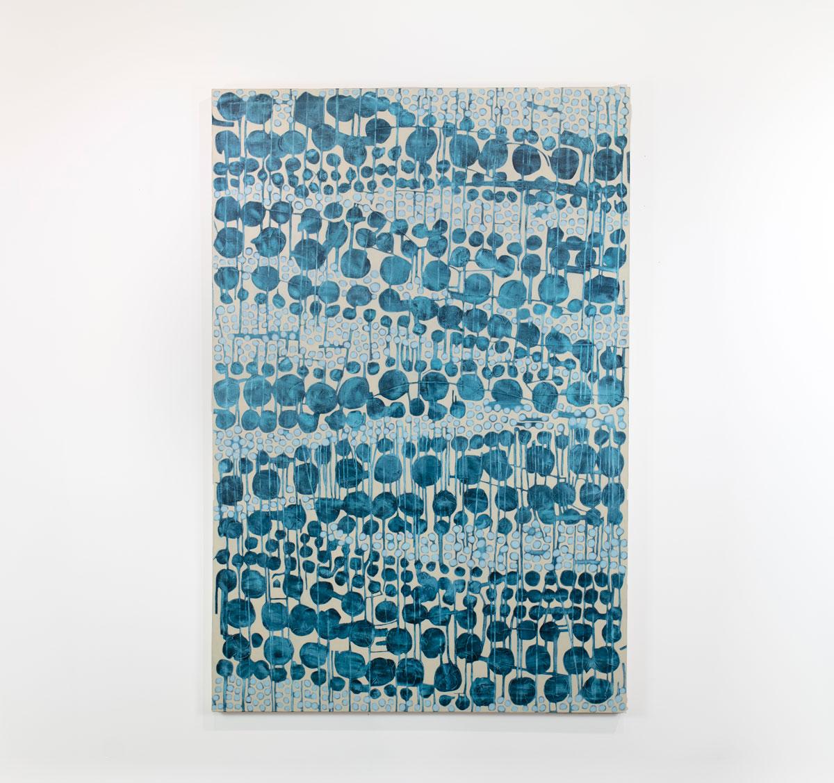 This large abstract statement painting by Sofie Swann features a light blue, sandy beige, and deep teal blue palette, with varying organic circular shapes layered and arranged in a loose zig-zag formation throughout the canvas. This painting is made