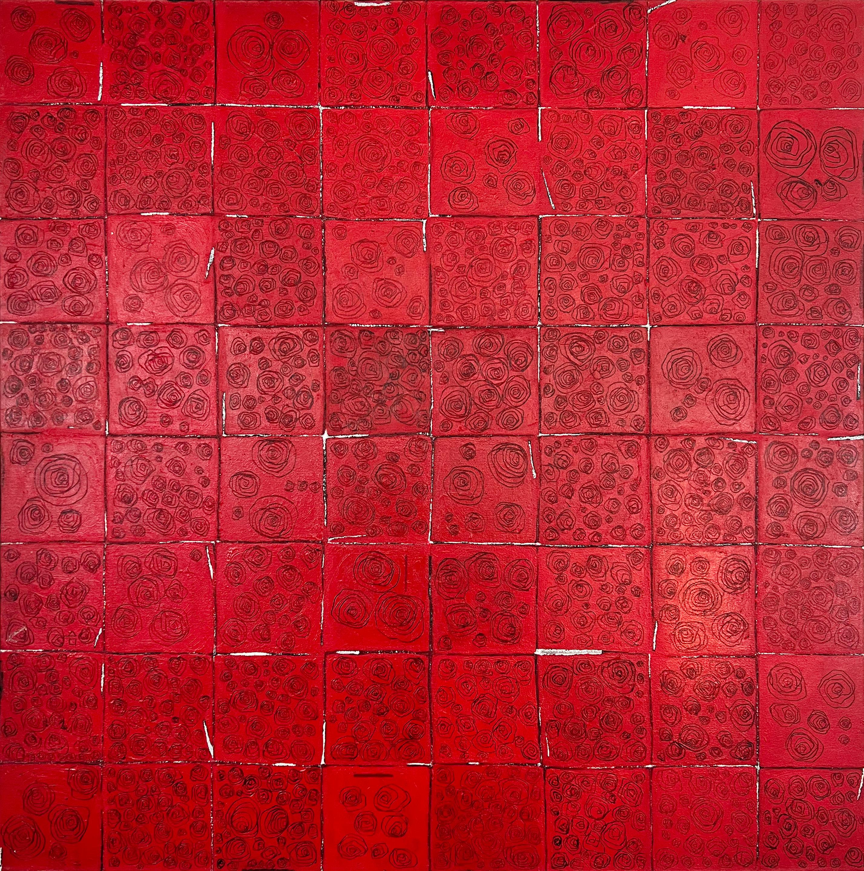 This large, red abstract painting by Sofie Swann is made with acrylic paint on canvas. It features a square pattern composition in a deep red color, with abstracted, thin black line drawings of roses within each square. The square outlines are
