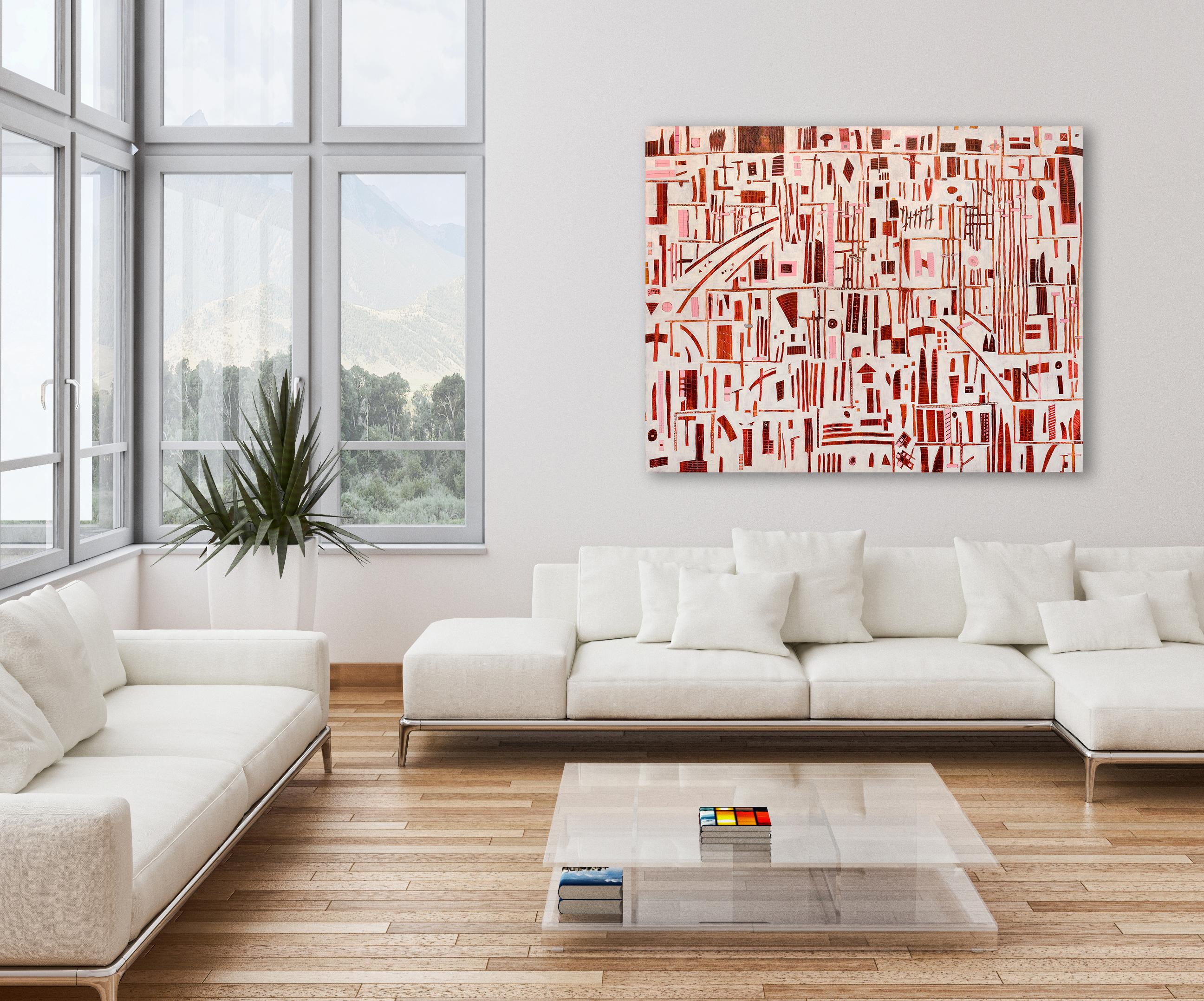 This large-scale abstract painting features a warm palette of deep red, muted orange, pink, and off-white. Made with acrylic paint on canvas, warm geometric and organic shapes criss cross and pattern the entire canvas over the off-white background