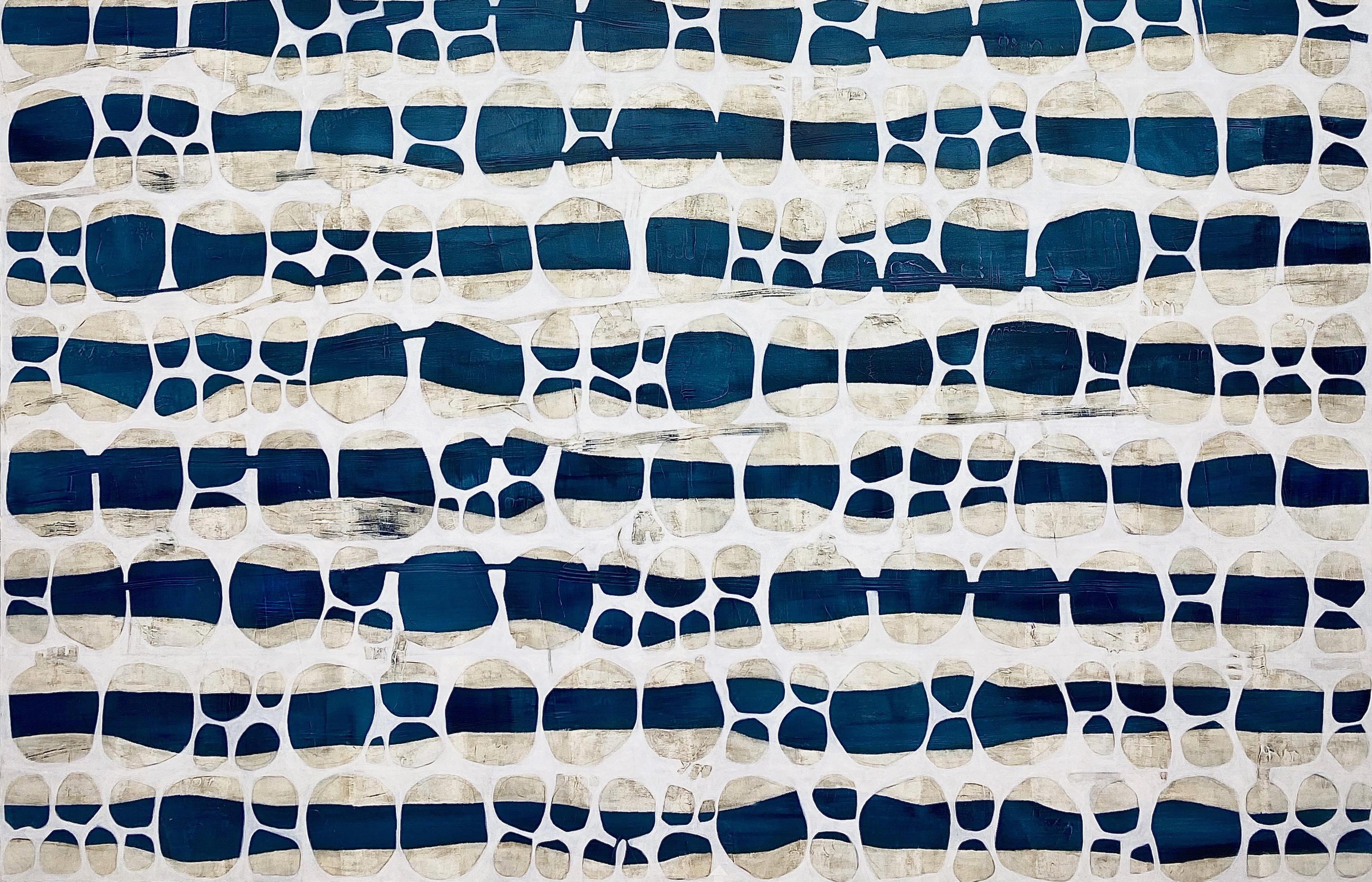 This large-scale abstract statement painting by artist Sofie Swann features curving stripes of deep blue and textured beige that stretch from one side of the composition to the other. A white circular patter that almost resembles abstracted netting