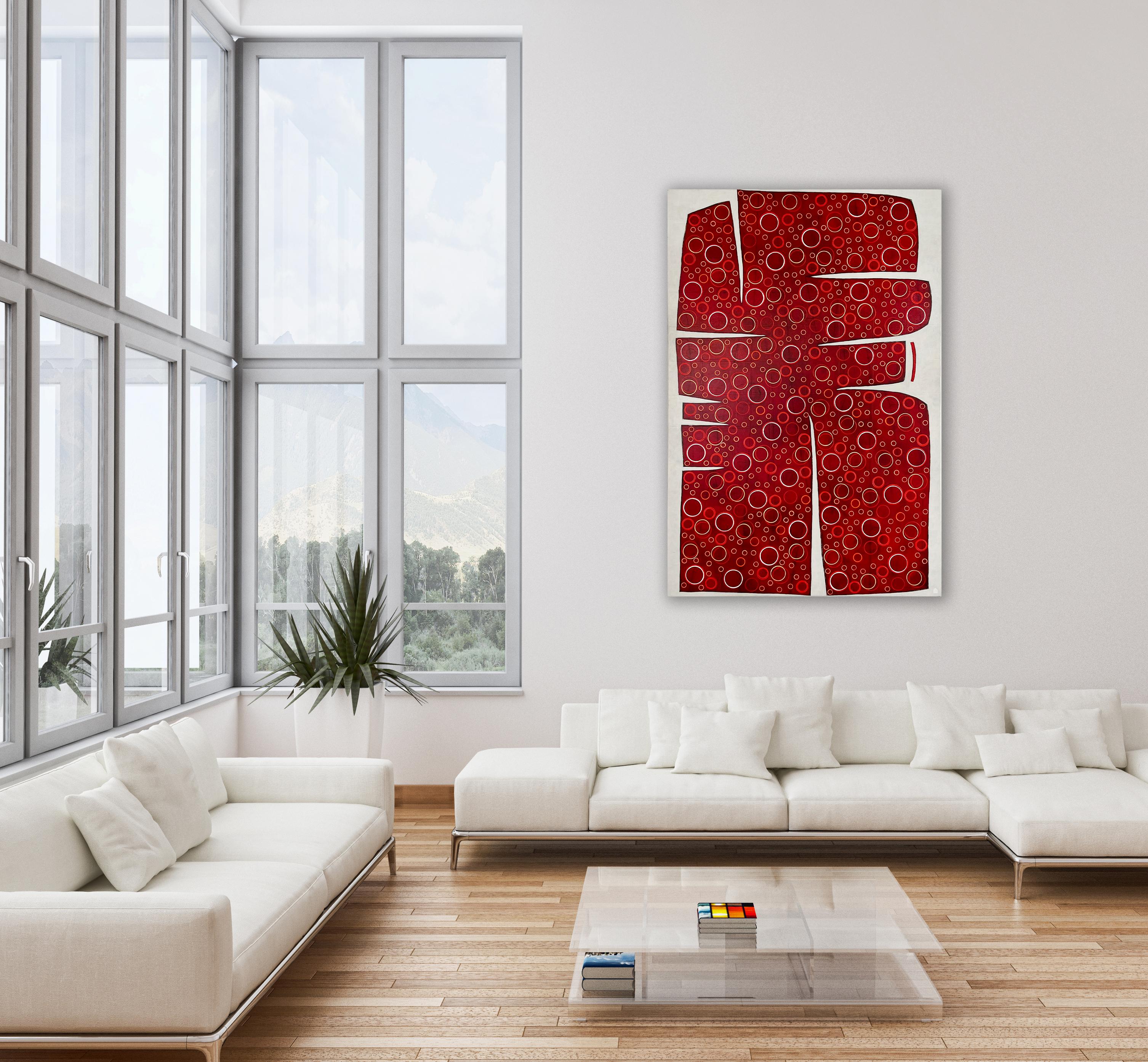 This large abstract statement painting by Sofie Swann is made with acrylic paint on canvas. It features an organic abstract red shape that covers almost the entire canvas, leaving a small border of painterly off-white around it. The shape is a deep