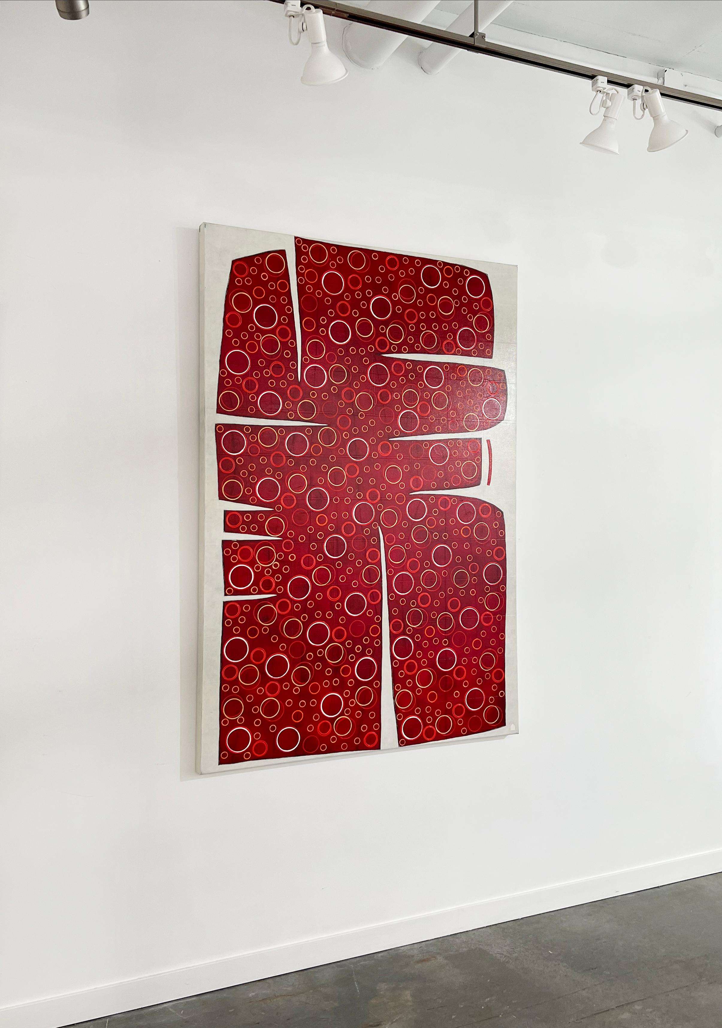 This large abstract statement painting by Sofie Swann is made with acrylic paint on canvas. It features an organic abstract red shape that covers almost the entire canvas, leaving a small border of painterly off-white around it. The shape is a deep