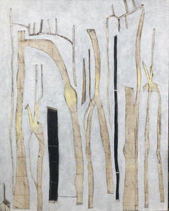 "Twins" Acrylic Painting - Abstract, gold, black, white, trees, modern, elegant