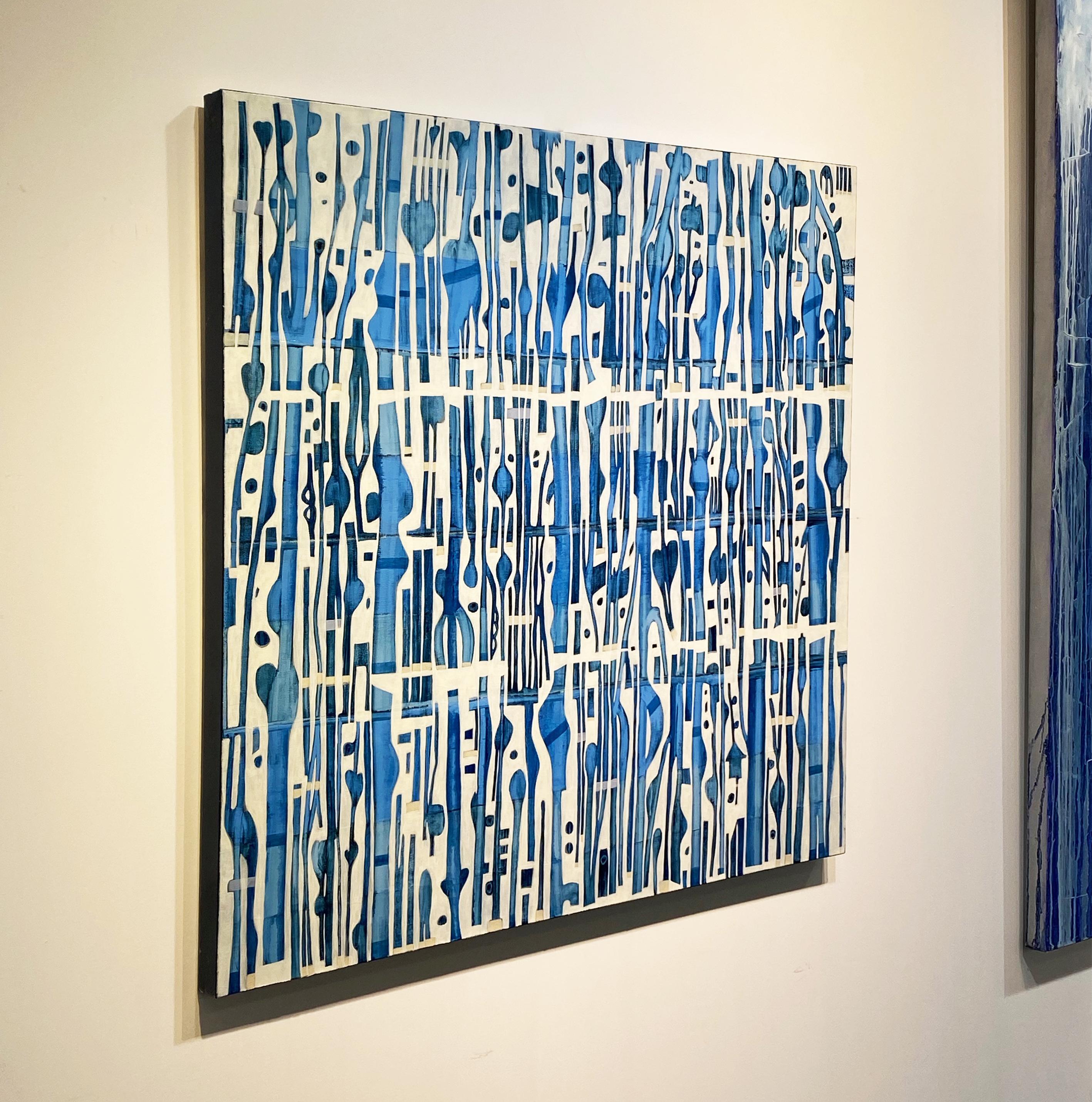 This abstract painting is made with acrylic paint on canvas. Bright blue organic and geometric shapes cover a white background, stacked together closely but with enough space around each to see the white behind it. The organic shapes create