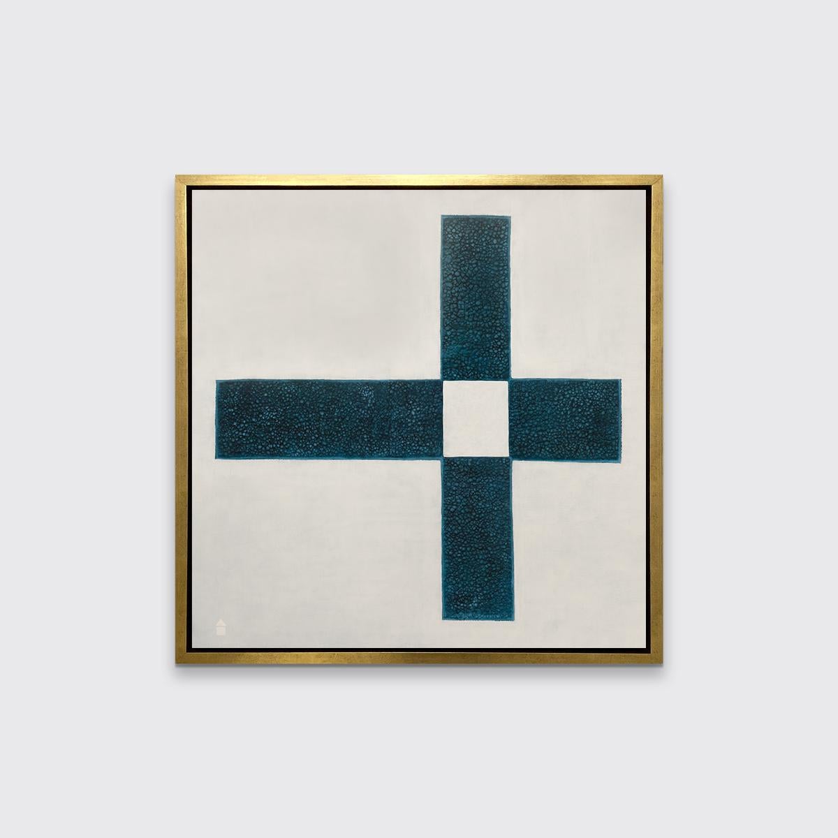 This abstract limited edition print by Sofie Swann features an off-white background, with textured geometric dark blue rectangles arranged around a white square, pointing out vertically and horizontally on each side. 

This print is an edition size