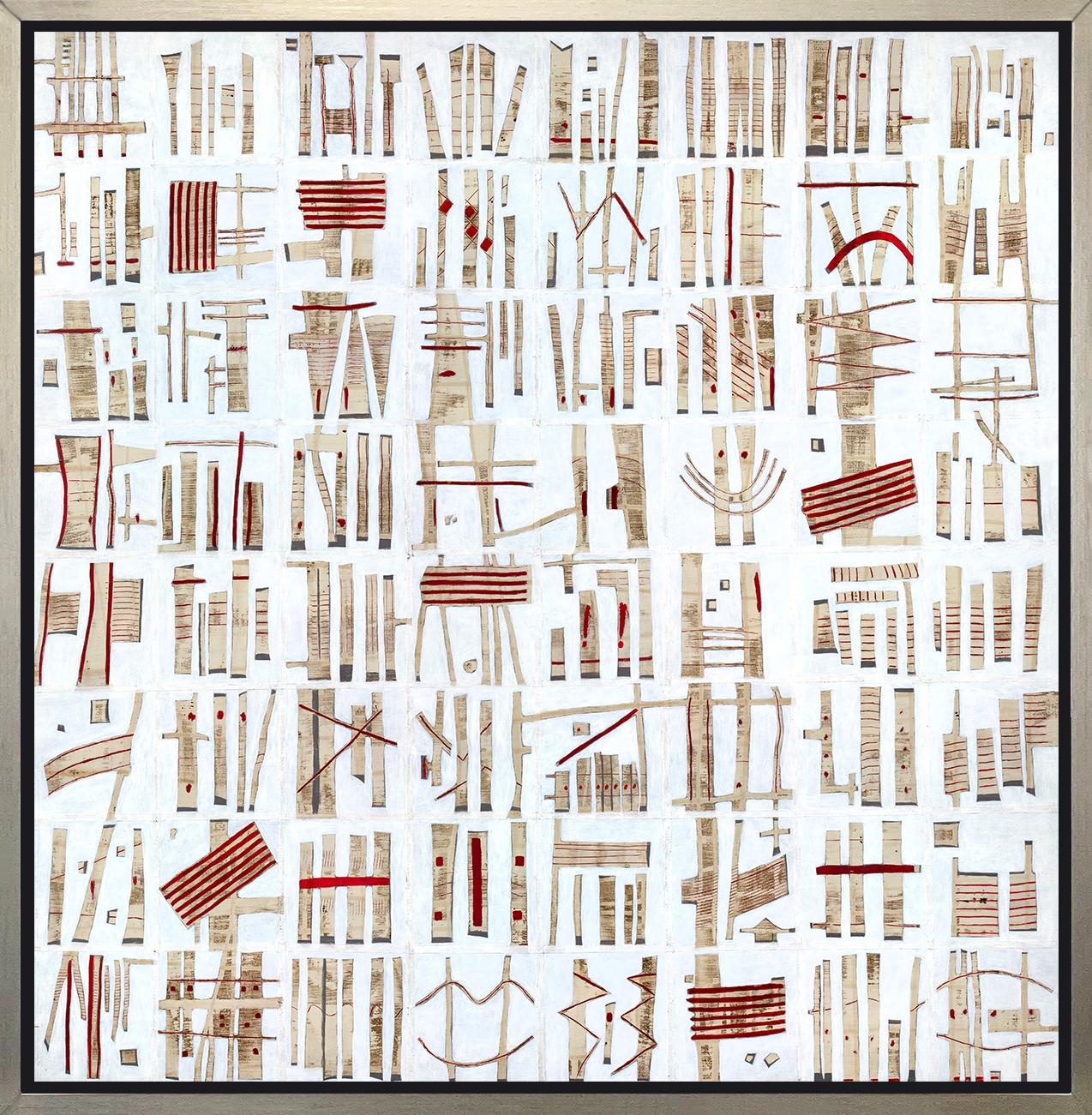 This abstract limited edition print by Sofie Swann features a warm neutral palette and is composed of small, organic shapes patterned together in horizontal and vertical lines. The shapes are predominantly an earthy light umber and deep crimson on a