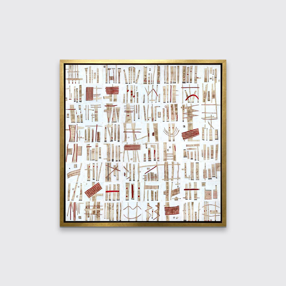 Cette impression abstraite en édition limitée de Sofie Swann présente une palette neutre et chaleureuse et se compose de petites formes organiques dont les motifs sont assemblés en lignes horizontales et verticales. Les formes sont principalement de