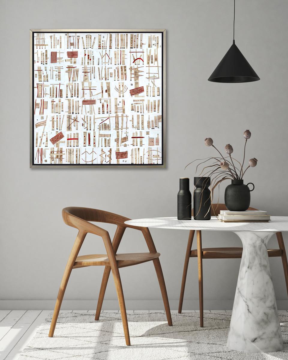 This abstract limited edition print by Sofie Swann features a warm neutral palette and is composed of small, organic shapes patterned together in horizontal and vertical lines. The shapes are predominantly an earthy light umber and deep crimson on a