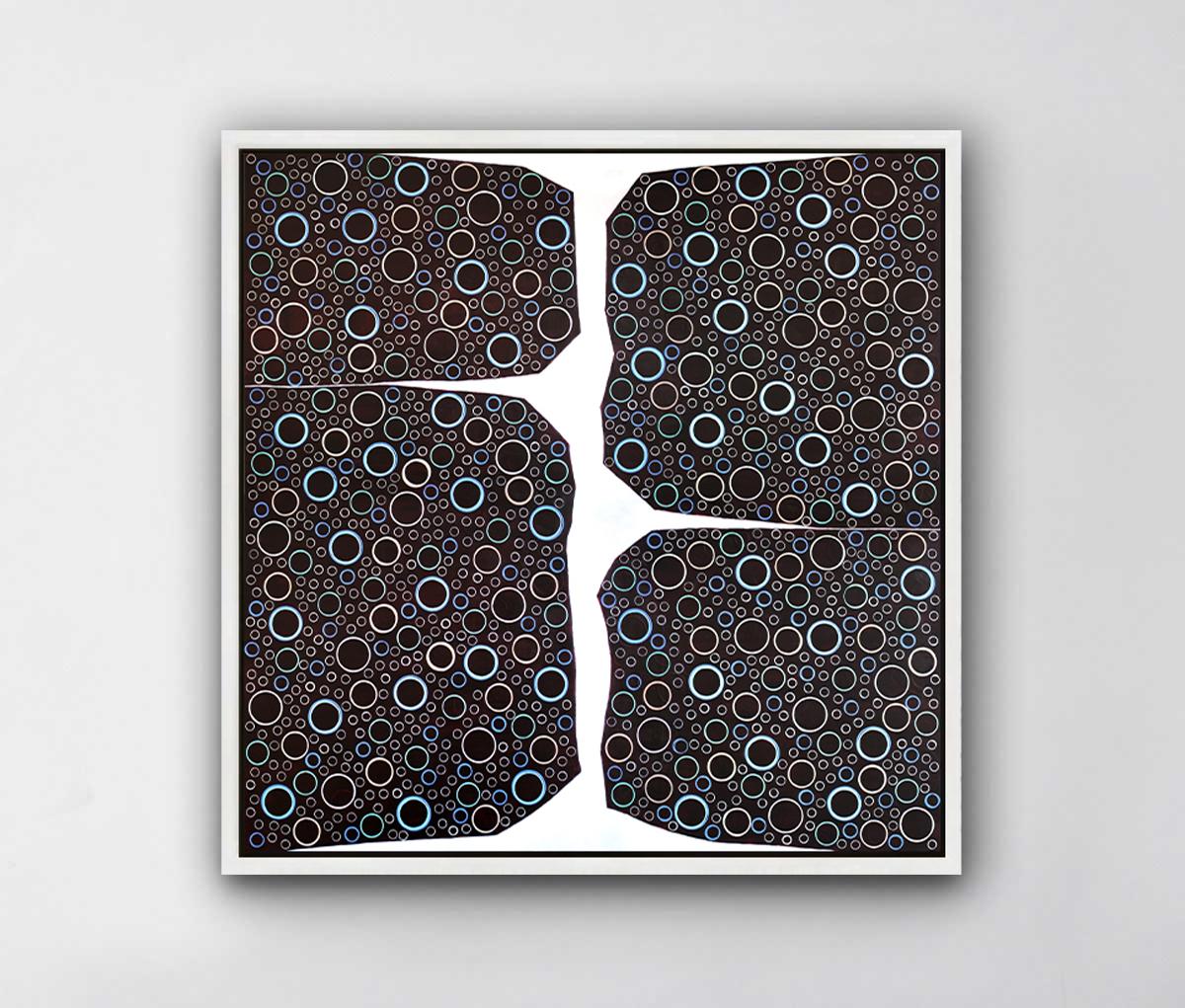 This Limited-Edition abstract print, by Sofie Swann is an edition of 95. Printed on canvas, this giclee ships framed in a white floater frame wired and ready to hang. Other floater frame options are available in silver, black, gold, and walnut. For