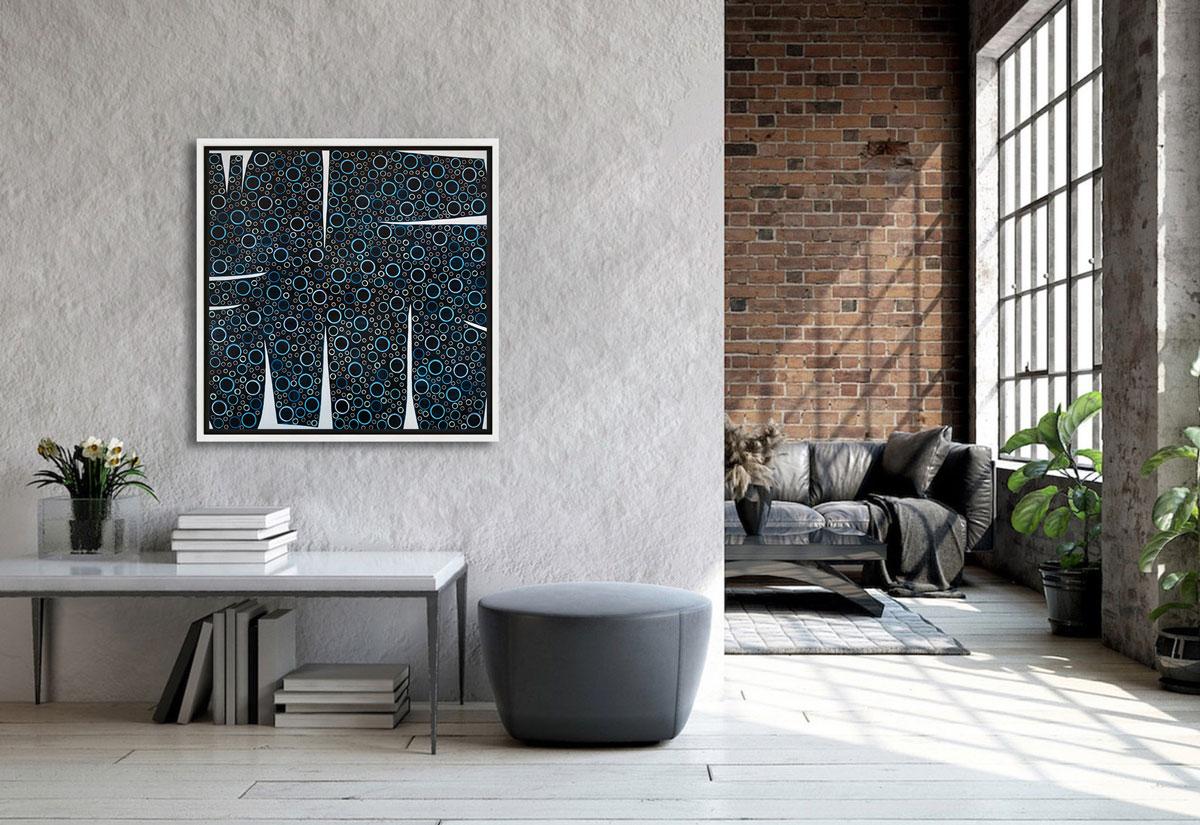 This Limited-Edition abstract print, by Sofie Swann is an edition of 95. Printed on canvas, this giclee ships framed in a white floater frame wired and ready to hang. Other floater frame options are available in silver, black, gold, and walnut. For