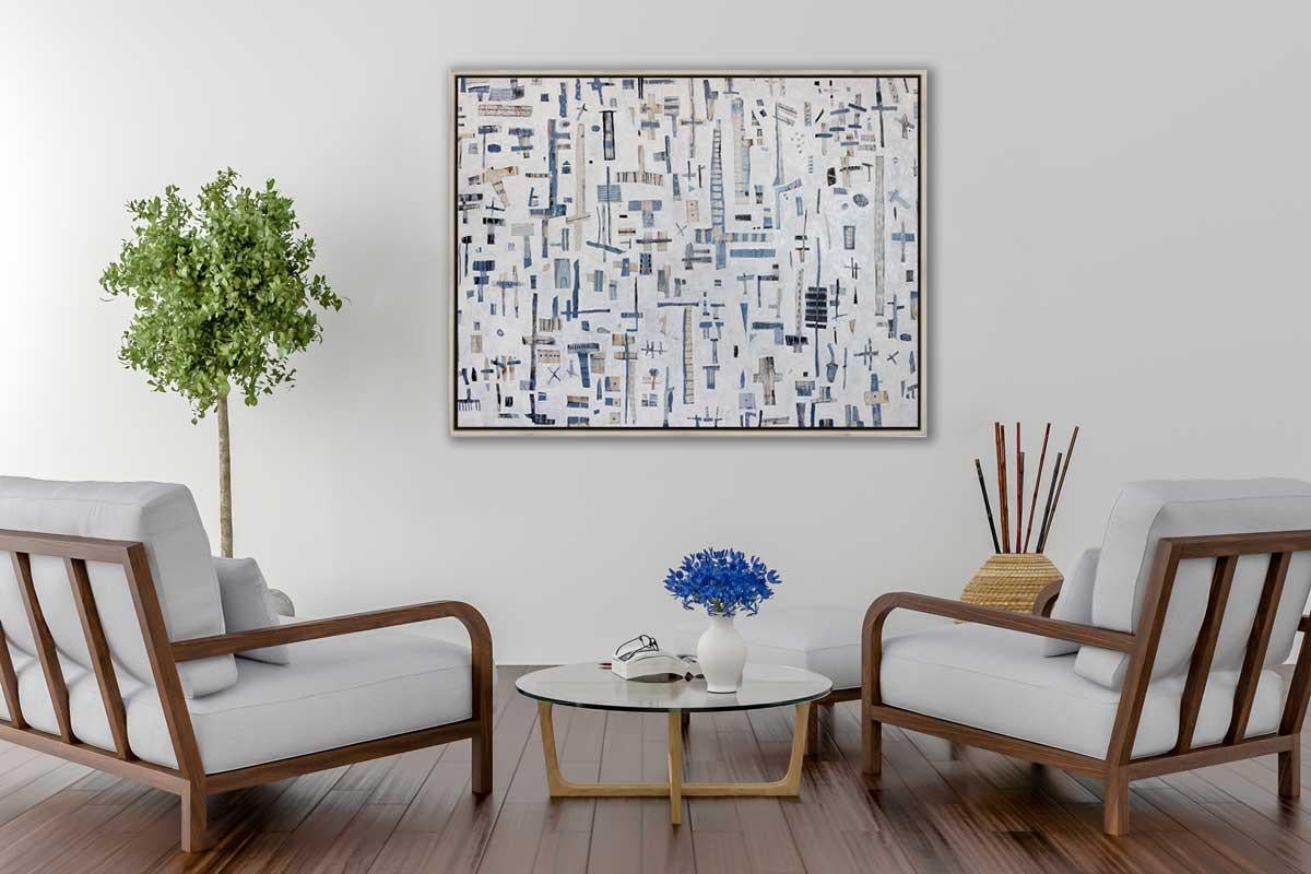This Limited-Edition abstract print, by Sofie Swann is an edition of 95. Printed on canvas, this giclee ships framed in a white floater frame wired and ready to hang. Other floater frame options are available in silver, black, gold, and walnut. For