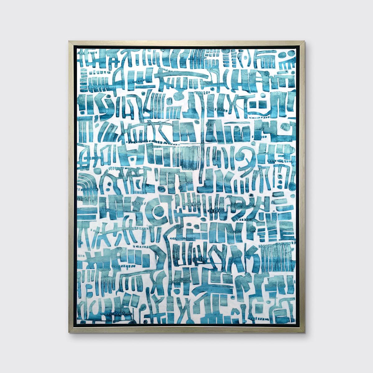 This contemporary abstract limited edition print by Sofie Swann features a light, coastal palette, with blue organic shapes patterned and stacked next to one another on the white background. It is an edition size of 95. Printed on canvas, this
