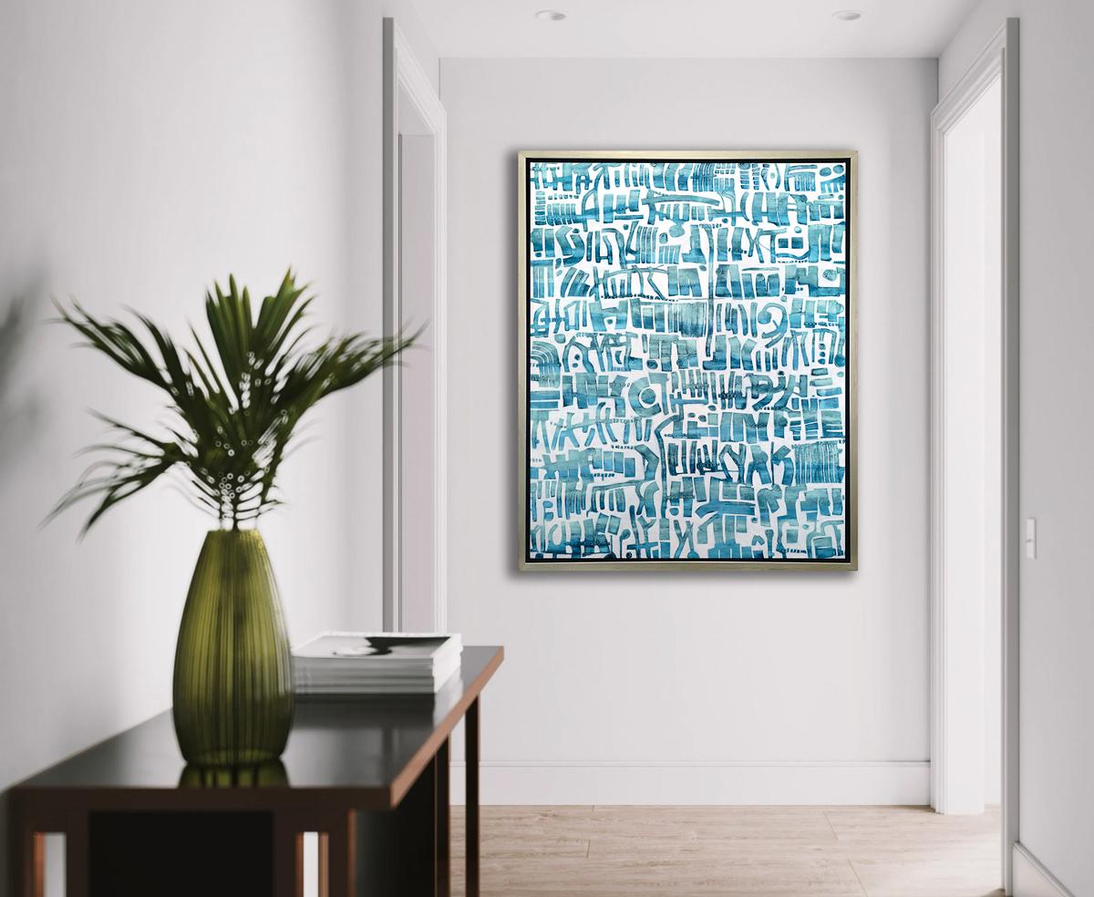 This contemporary abstract limited edition print by Sofie Swann features a light, coastal palette, with blue organic shapes patterned and stacked next to one another on the white background. It is an edition size of 95. Printed on canvas, this