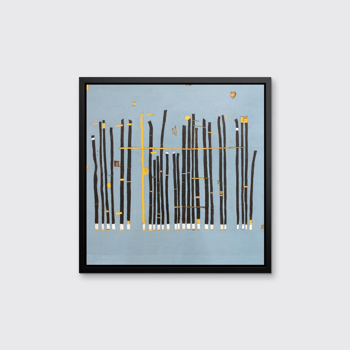 This abstract Limited Edition giclee print by Sofie Swann features thin, dark blue parallel rectangles of varying heights, each with a white and yellow bottom. A single yellow line is pictured at the center, with a perpendicular yellow line running