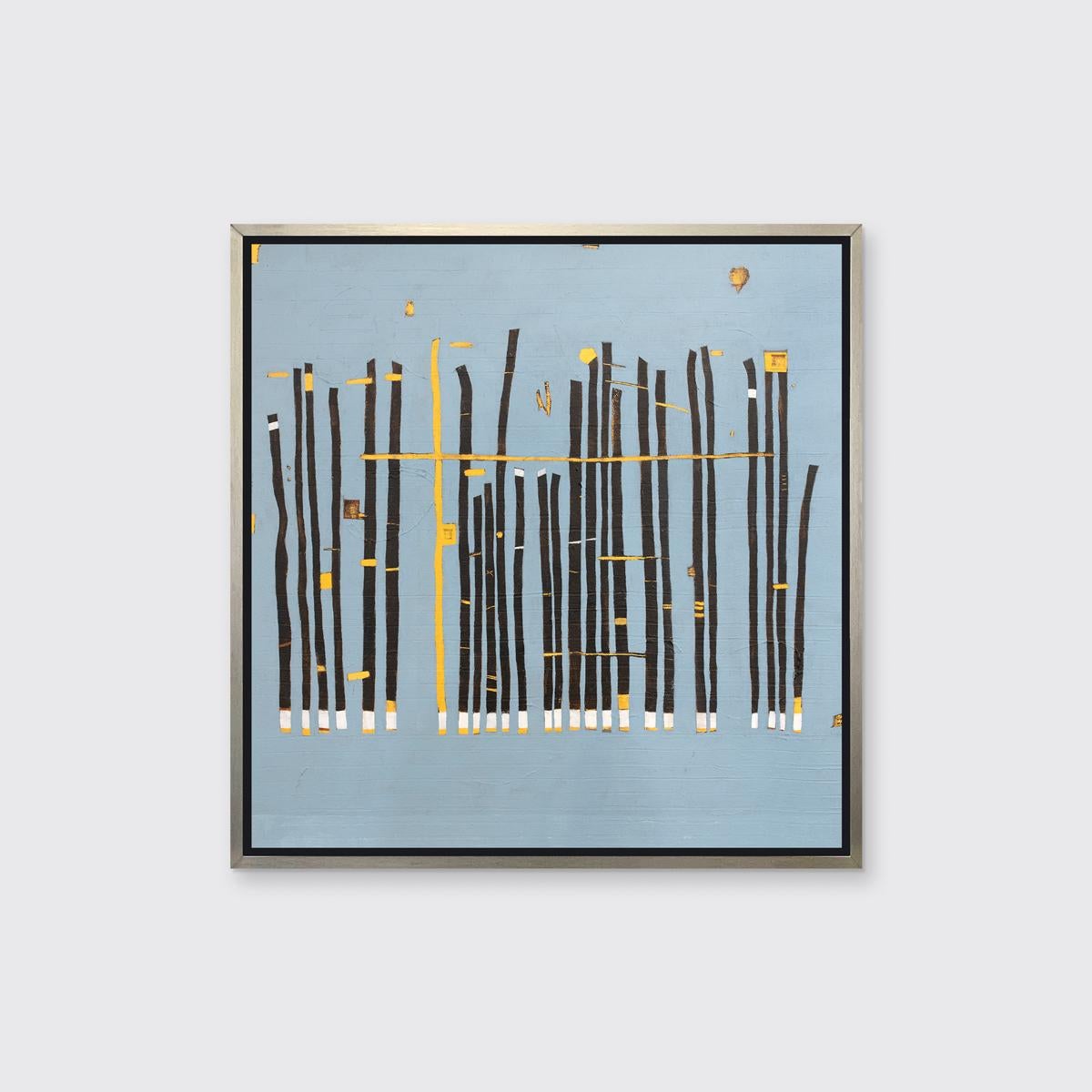 This abstract Limited Edition giclee print by Sofie Swann features thin, dark blue parallel rectangles of varying heights, each with a white and yellow bottom. A single yellow line is pictured at the center, with a perpendicular yellow line running