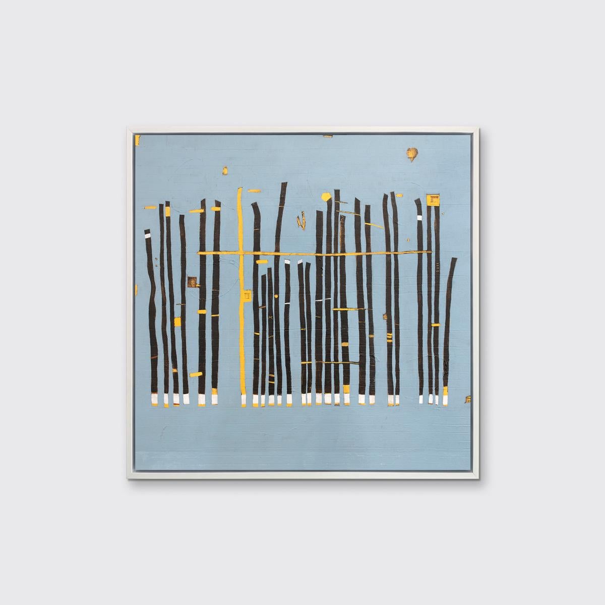 Dieser abstrakte Giclée-Druck in limitierter Auflage von Sofie Swann zeigt dünne, dunkelblaue, parallele Rechtecke von unterschiedlicher Höhe, die jeweils einen weißen und gelben Boden haben. In der Mitte ist eine einzelne gelbe Linie abgebildet,
