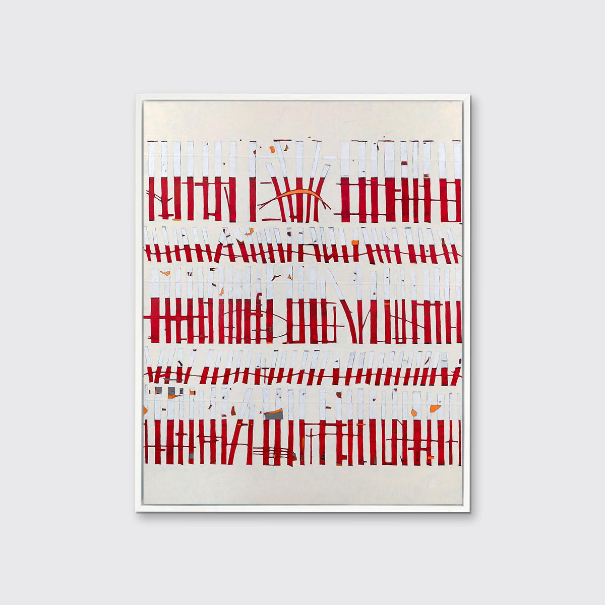 Questa stampa giclée astratta in edizione limitata di Sofie Swann è un'edizione di 95 esemplari. Presenta forme rettangolari verticali sottili e imperfette, per metà bianche e per metà rosso intenso, impilate orizzontalmente l'una accanto all'altra,