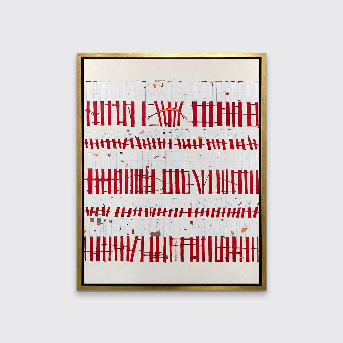This limited edition abstract giclee print by Sofie Swann is an edition of 95. It features thin, imperfect vertical rectangular shapes which are half white and half deep red, and are stacked horizontally next to one another - some slanted and some