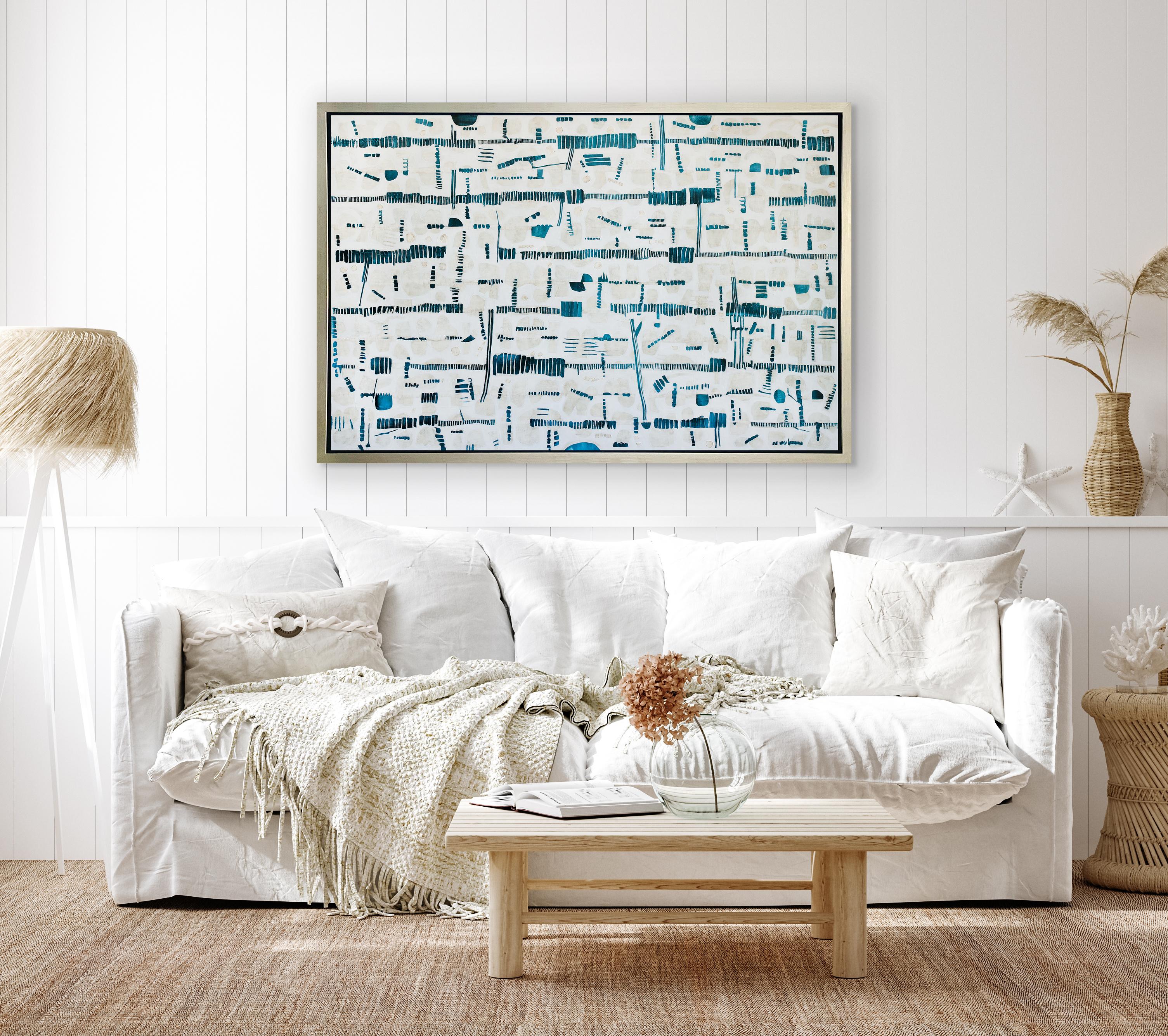 This Limited-Edition abstract print, by Sofie Swann is an edition of 95. Printed on canvas, this giclee ships framed in a white floater frame wired and ready to hang. Other floater frame options are available in silver, black, gold, and walnut. For