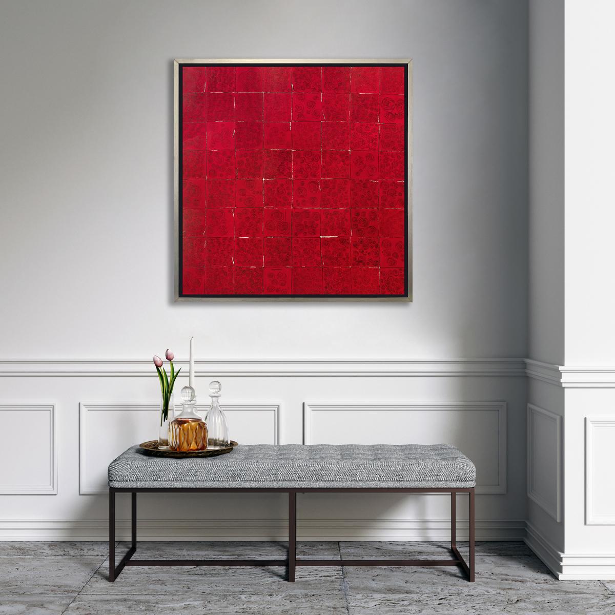 This abstract limited edition print by Sofie Swann features a square pattern composition in a deep red color, with abstracted, thin black line drawings of roses within each square. The square outlines are mostly dark, with a few streaks of white