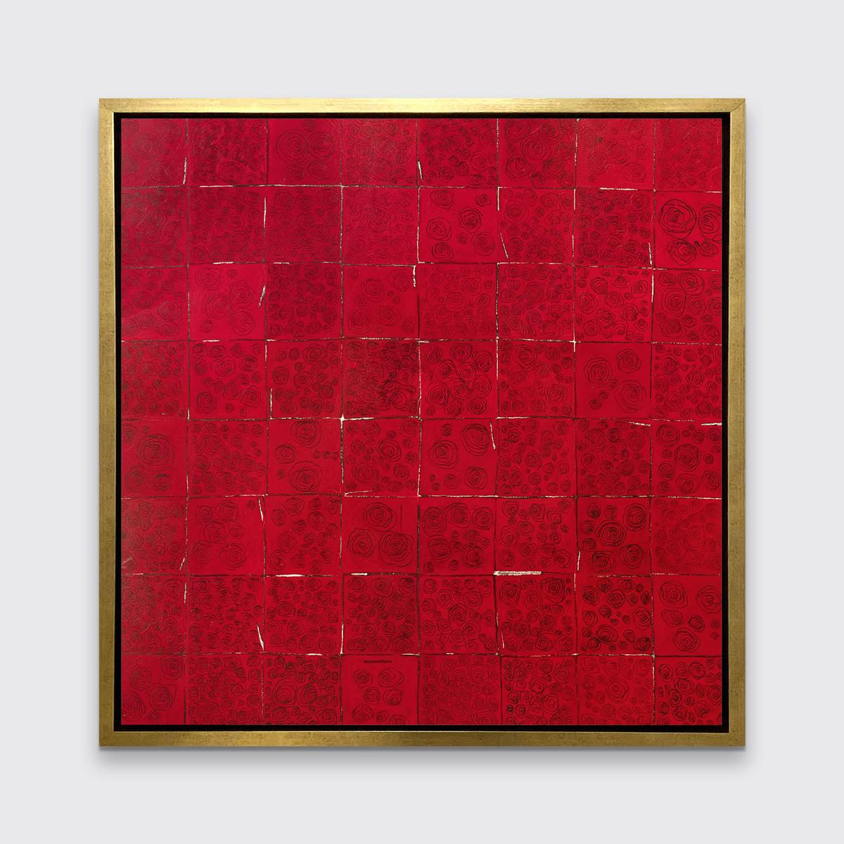 Dieser abstrakte Druck in limitierter Auflage von Sofie Swann zeigt eine quadratische Musterkomposition in tiefroter Farbe mit abstrahierten, dünnen schwarzen Linienzeichnungen von Rosen in jedem Quadrat. Die quadratischen Umrisse sind meist dunkel,
