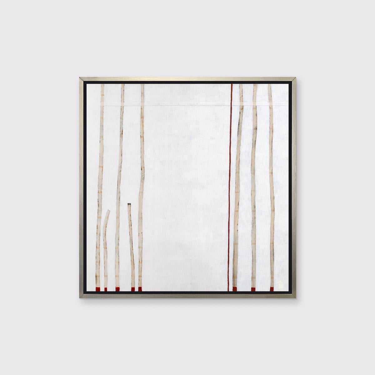 This abstract minimalistic Limited Edition print by Sofie Swann features a warm neutral palette. In it, organic, imperfect light beige rectangles extend up from smaller, deep red squares at the bottom of the composition. They reach the top toward
