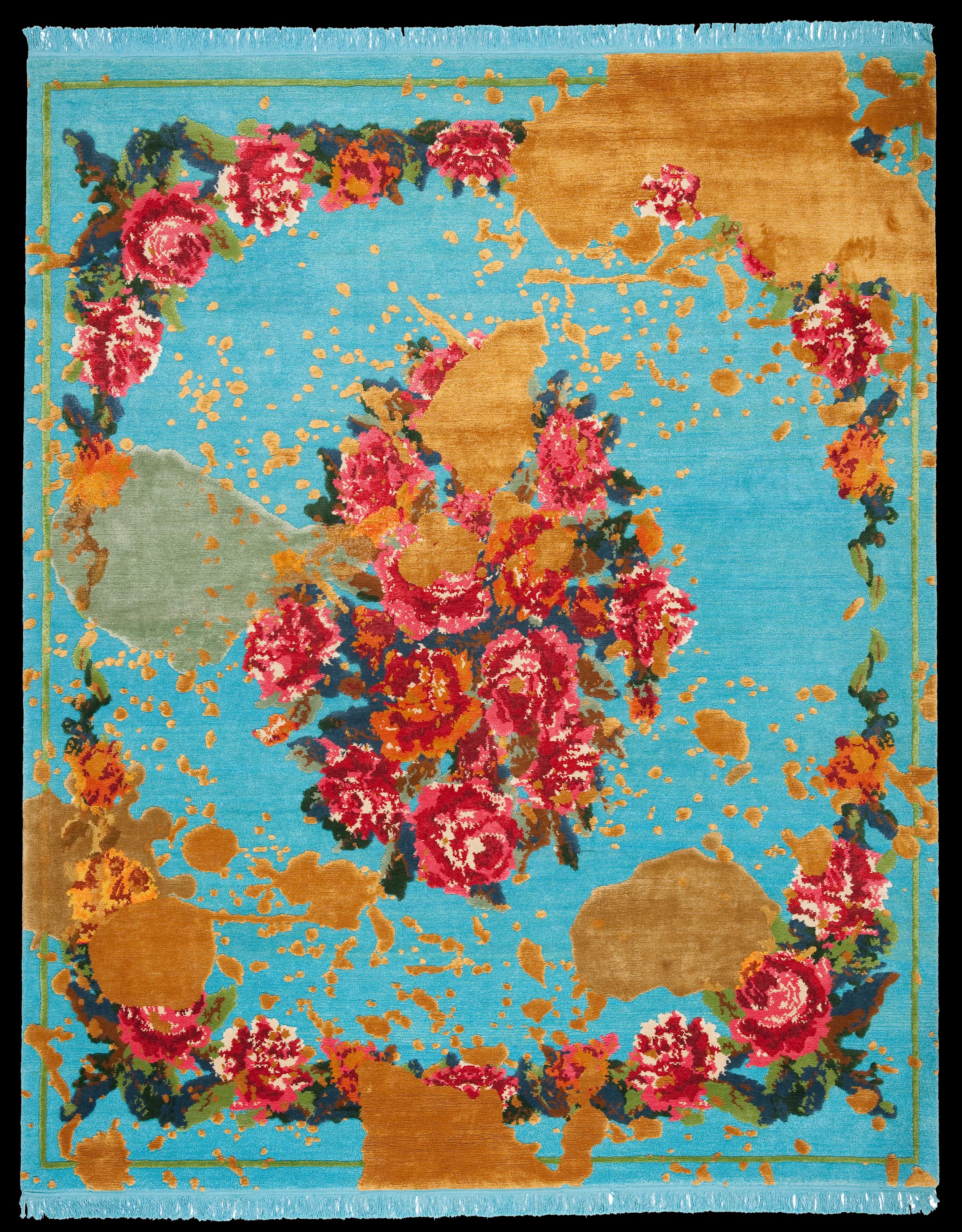 Designed by Jan Kath, this hand knotted rug is from a collection inspired by carpets made in Karabagh and other provinces in southern Russia, circa 1900. The patterns are created using rich, bright colors of Tibetan highland wool and Chinese silk,