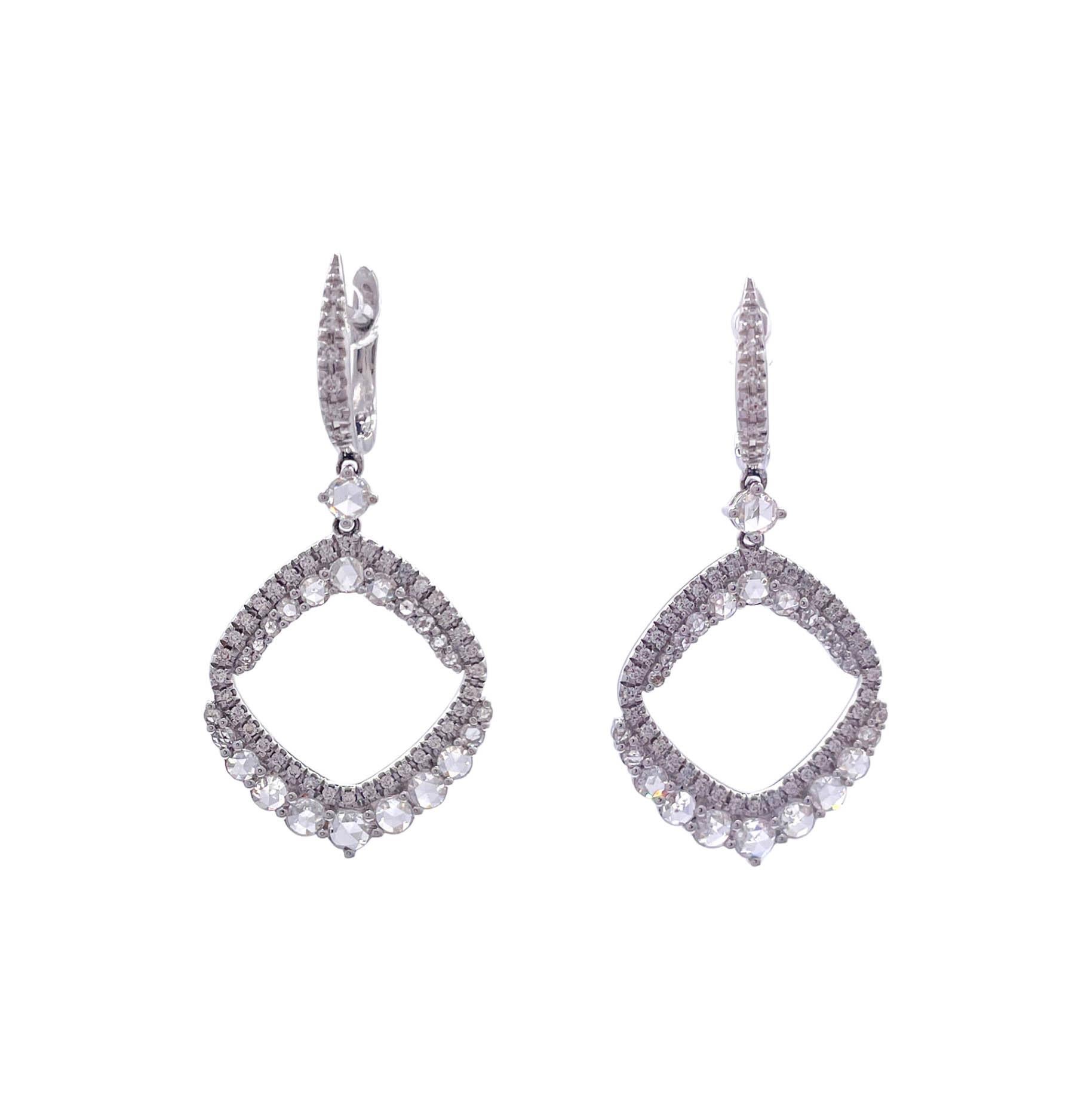 Rose Cut Sofragem 18k White Gold Diamond Graduated Edge Drop Dangle Earrings