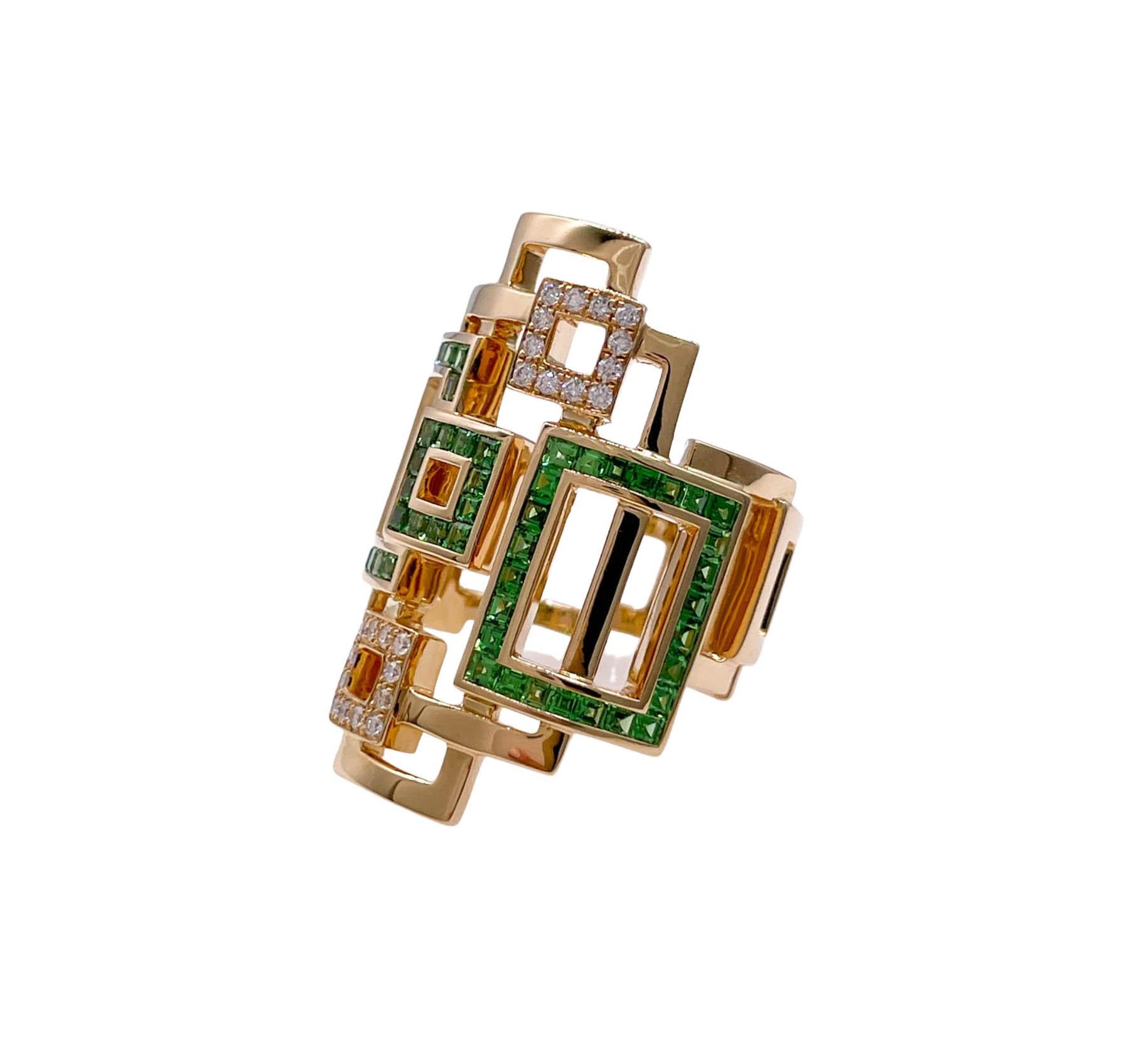 Quadratischer Sofragem-Cocktailring aus 18 Karat Gelbgold mit Tsavotire und Diamanten (Art déco)