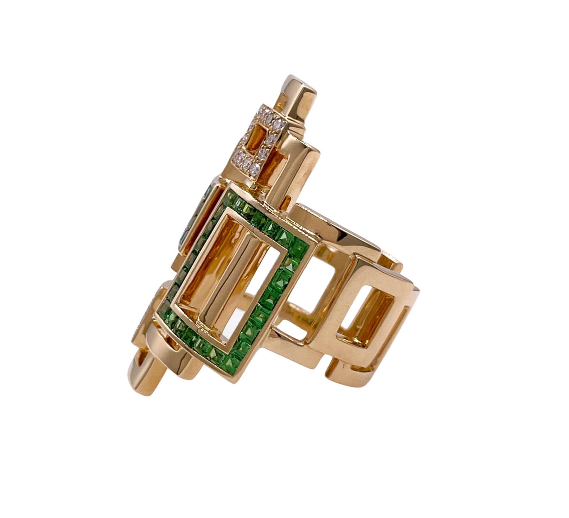 Quadratischer Sofragem-Cocktailring aus 18 Karat Gelbgold mit Tsavotire und Diamanten (Rundschliff)