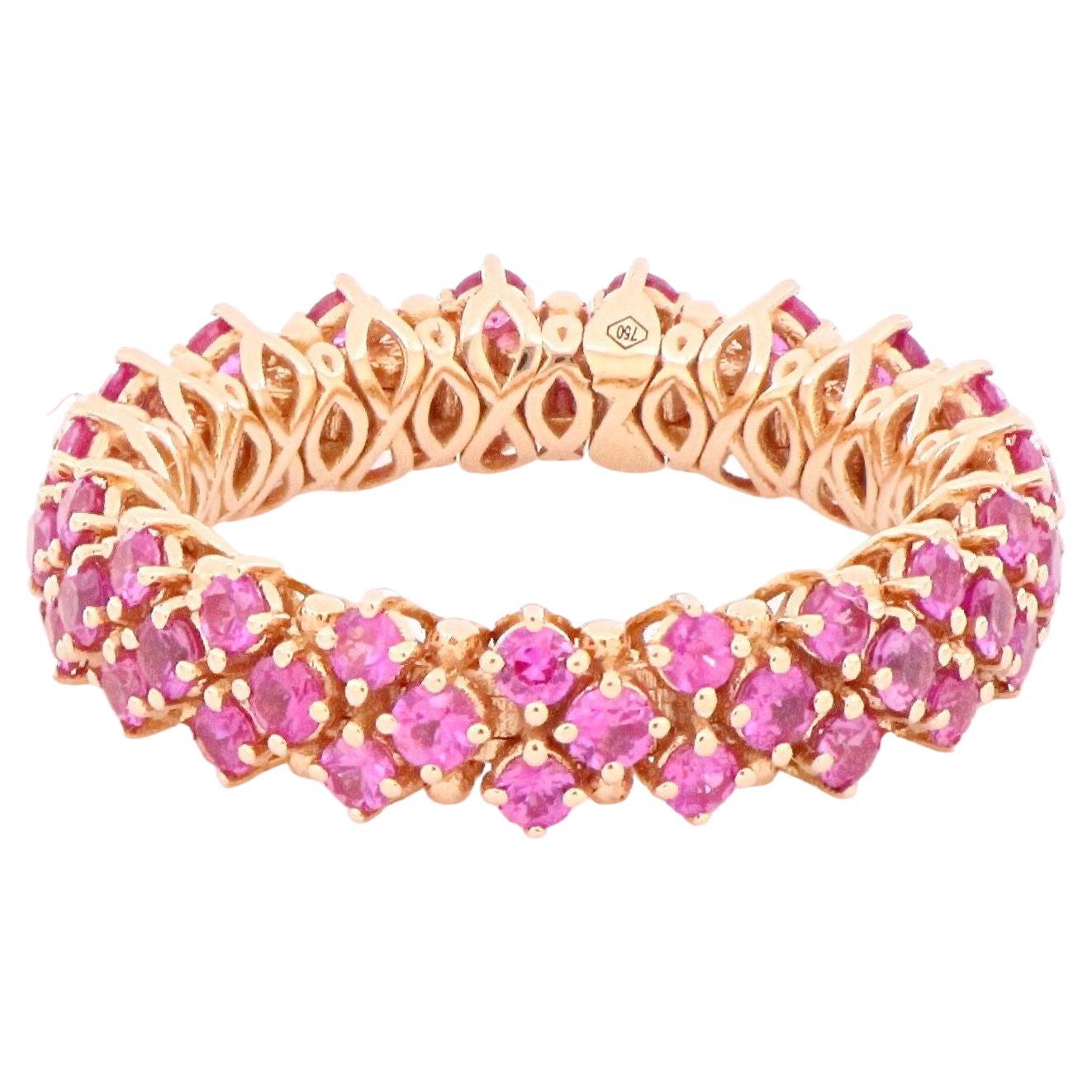Soft 3-row mesh pink sapphires pavè flexible ring in 18kt rose gold For Sale