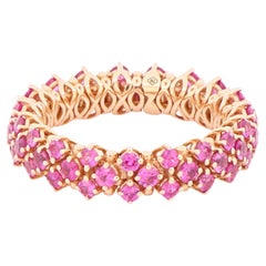 Soft 3-row mesh pink sapphires pavè flexible ring in 18kt rose gold