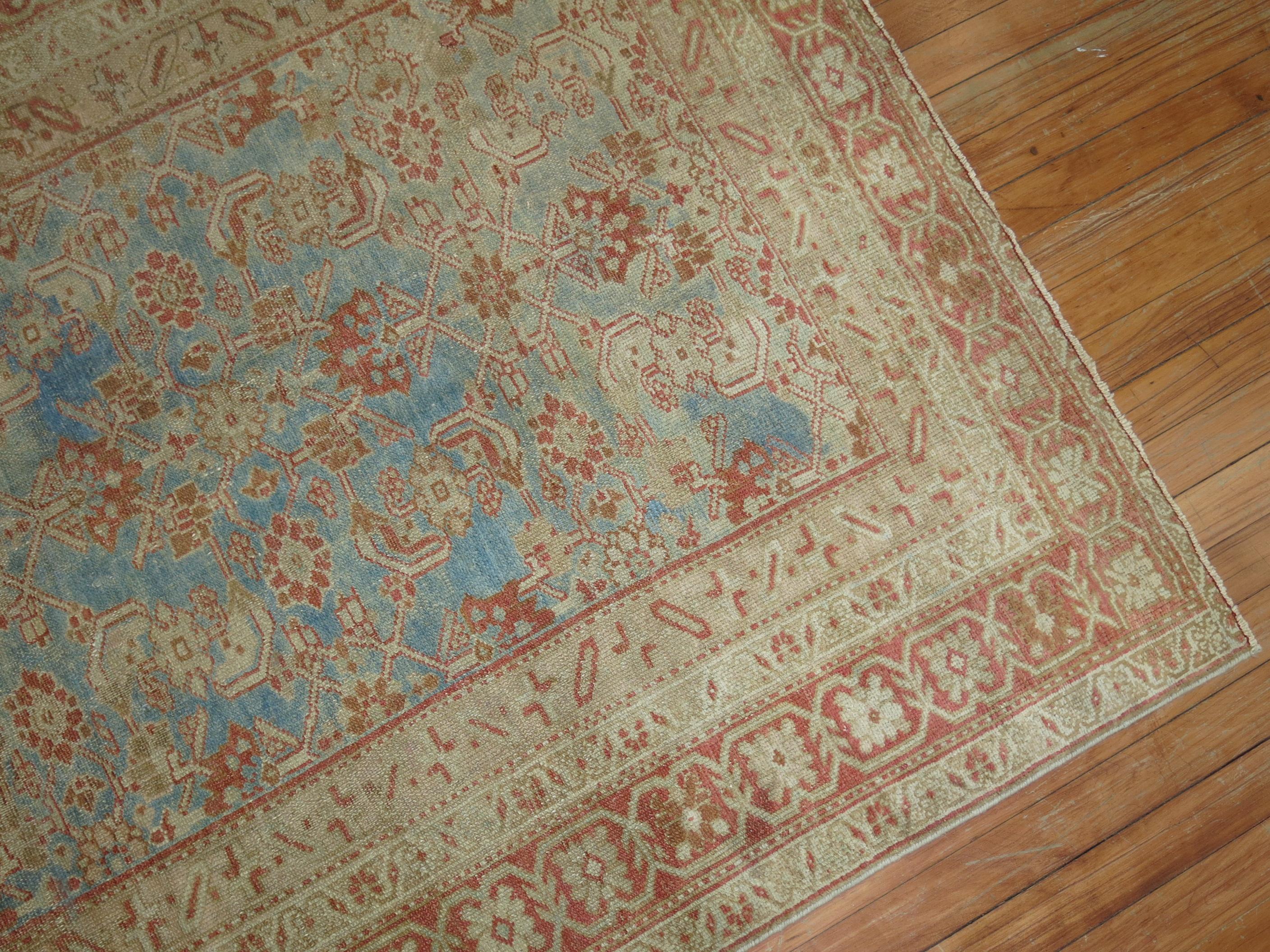 Hand-Woven Soft Blue 20th Century Antique Traditional Herati Design Persian Malayer Rug For Sale
