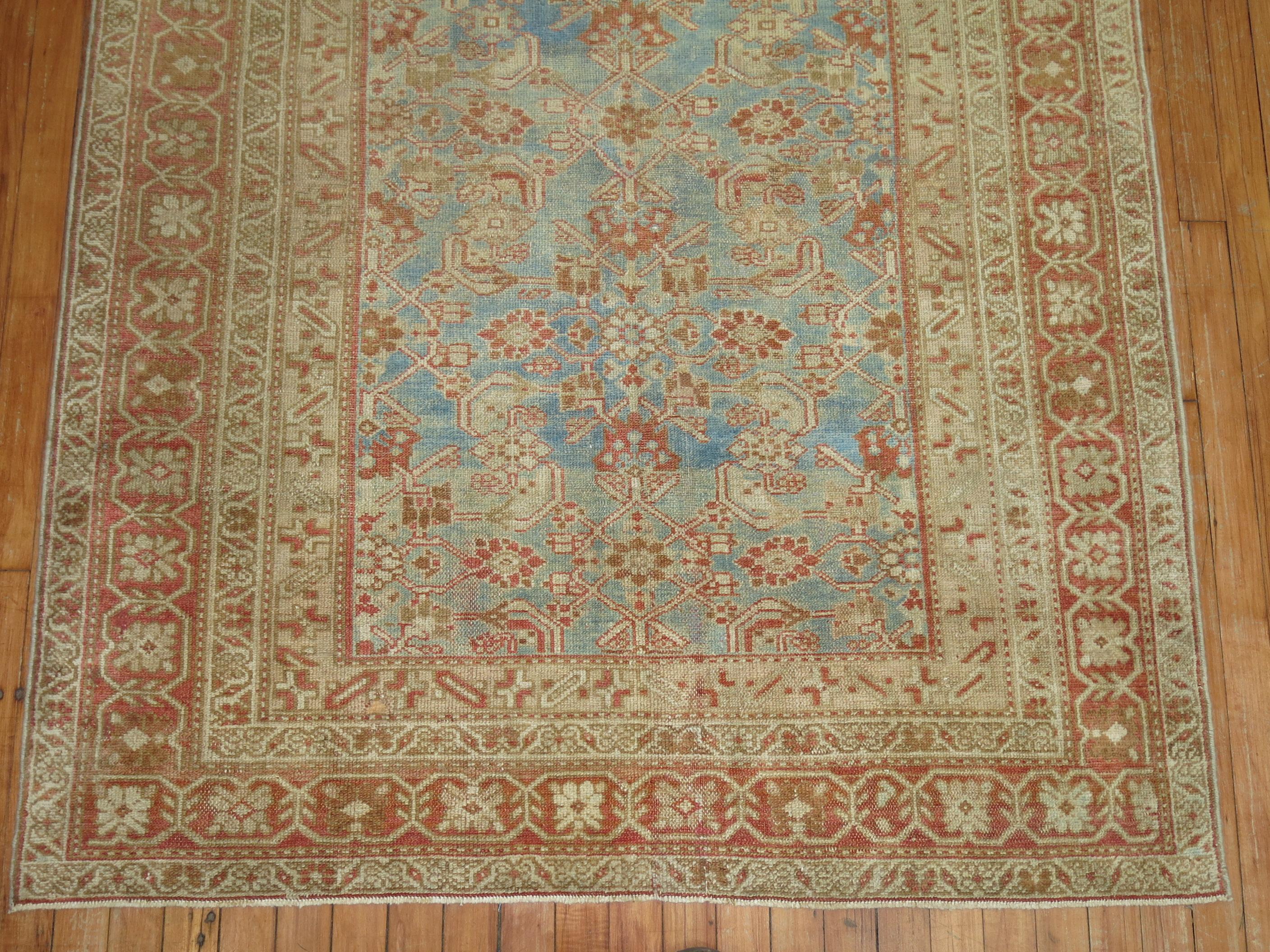 Wool Soft Blue 20th Century Antique Traditional Herati Design Persian Malayer Rug For Sale