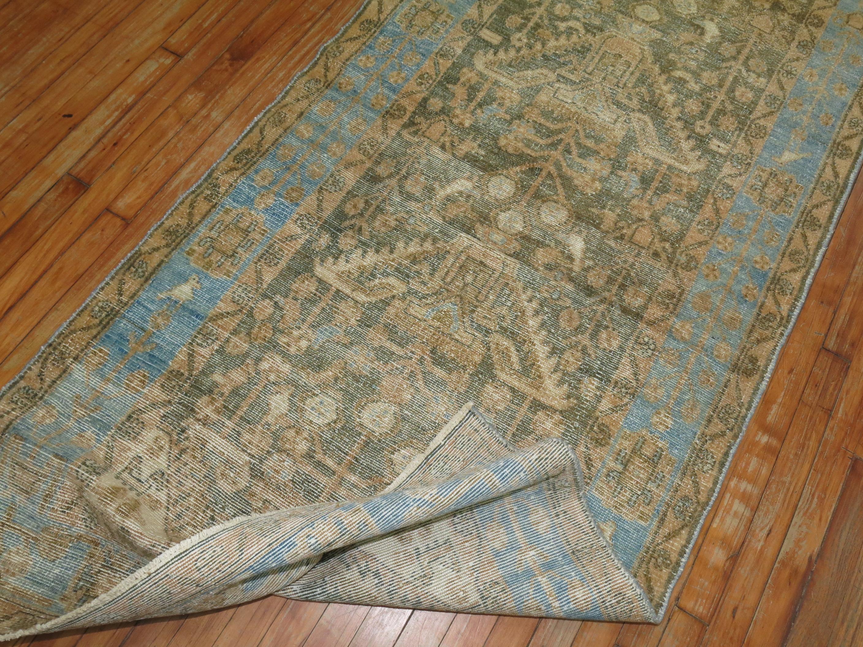 Tribal Soft Blue and Brown Persian Malayer Runner For Sale