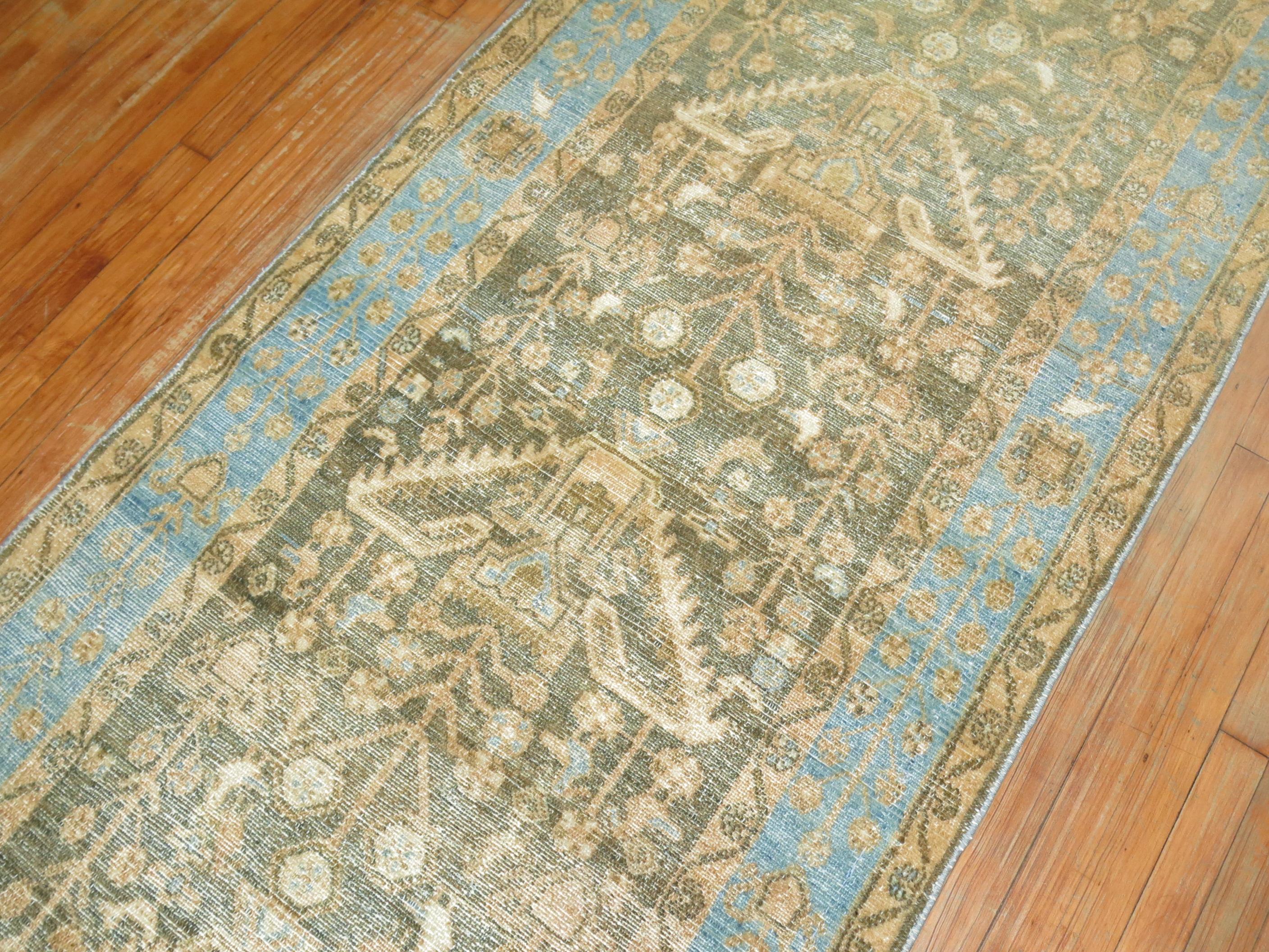 Hand-Woven Soft Blue and Brown Persian Malayer Runner For Sale