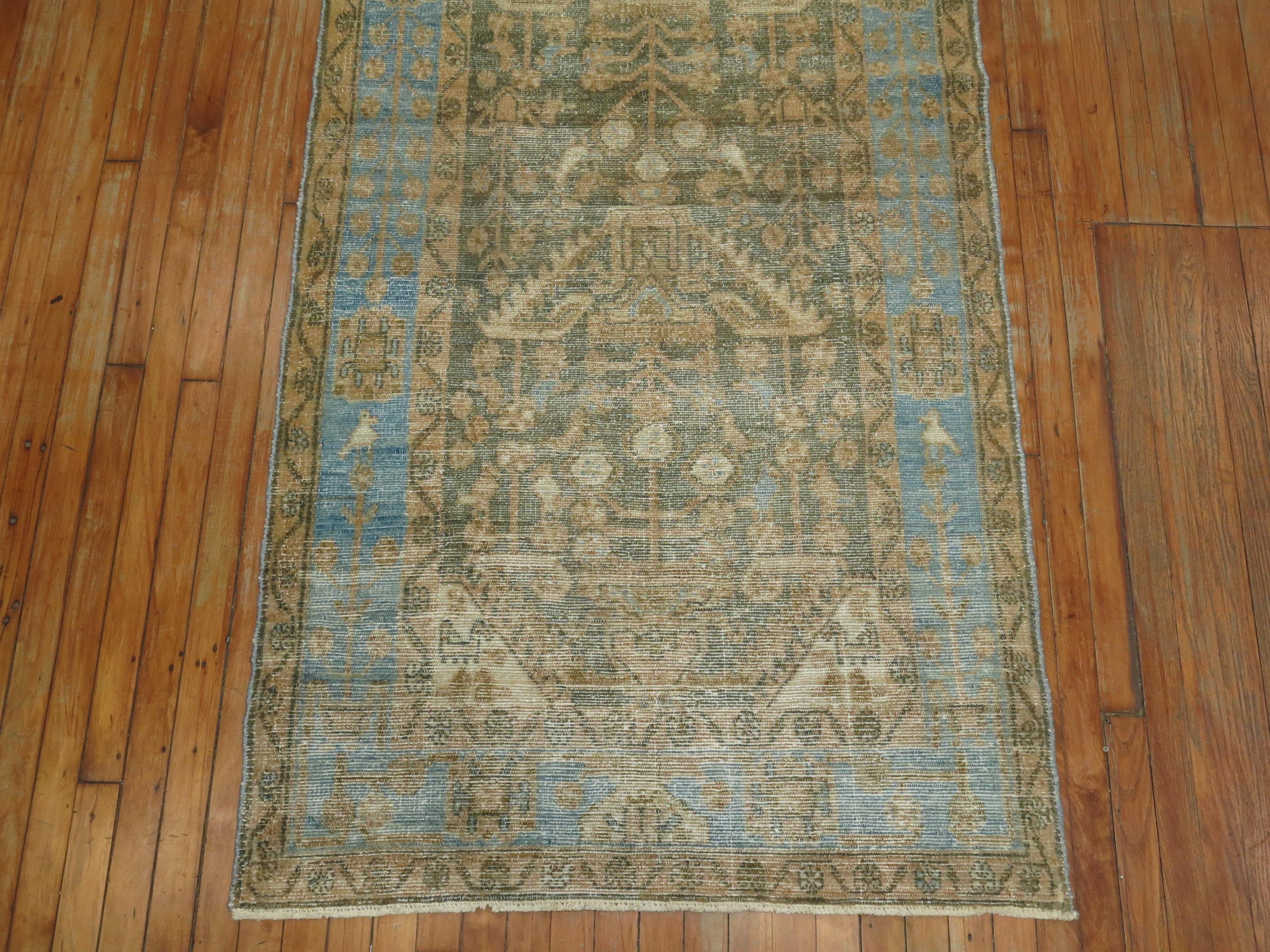 Wool Soft Blue and Brown Persian Malayer Runner For Sale