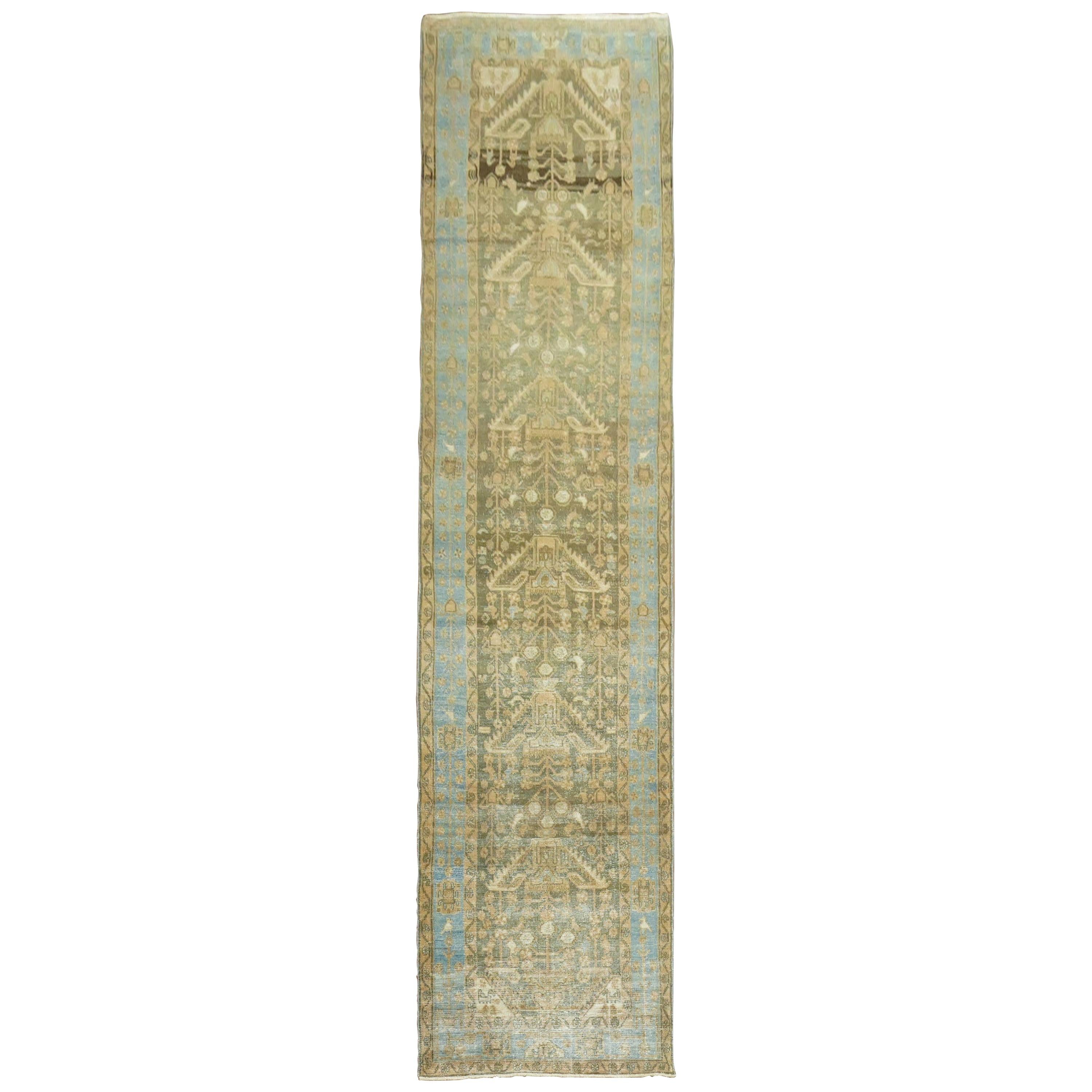 Tapis de couloir persan Malayer bleu et marron doux