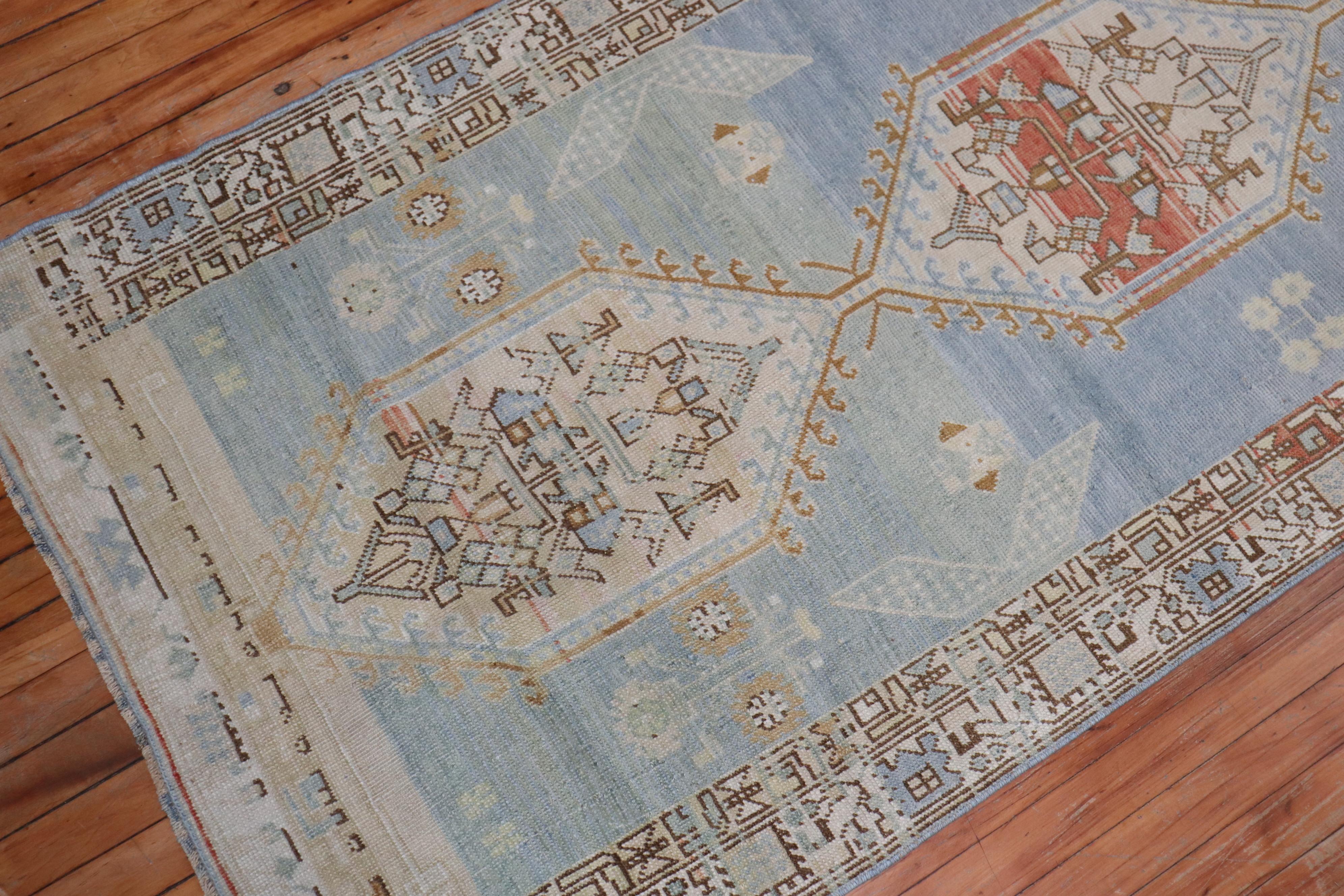 Hand-Knotted Soft Blue Antique Persian Runner For Sale