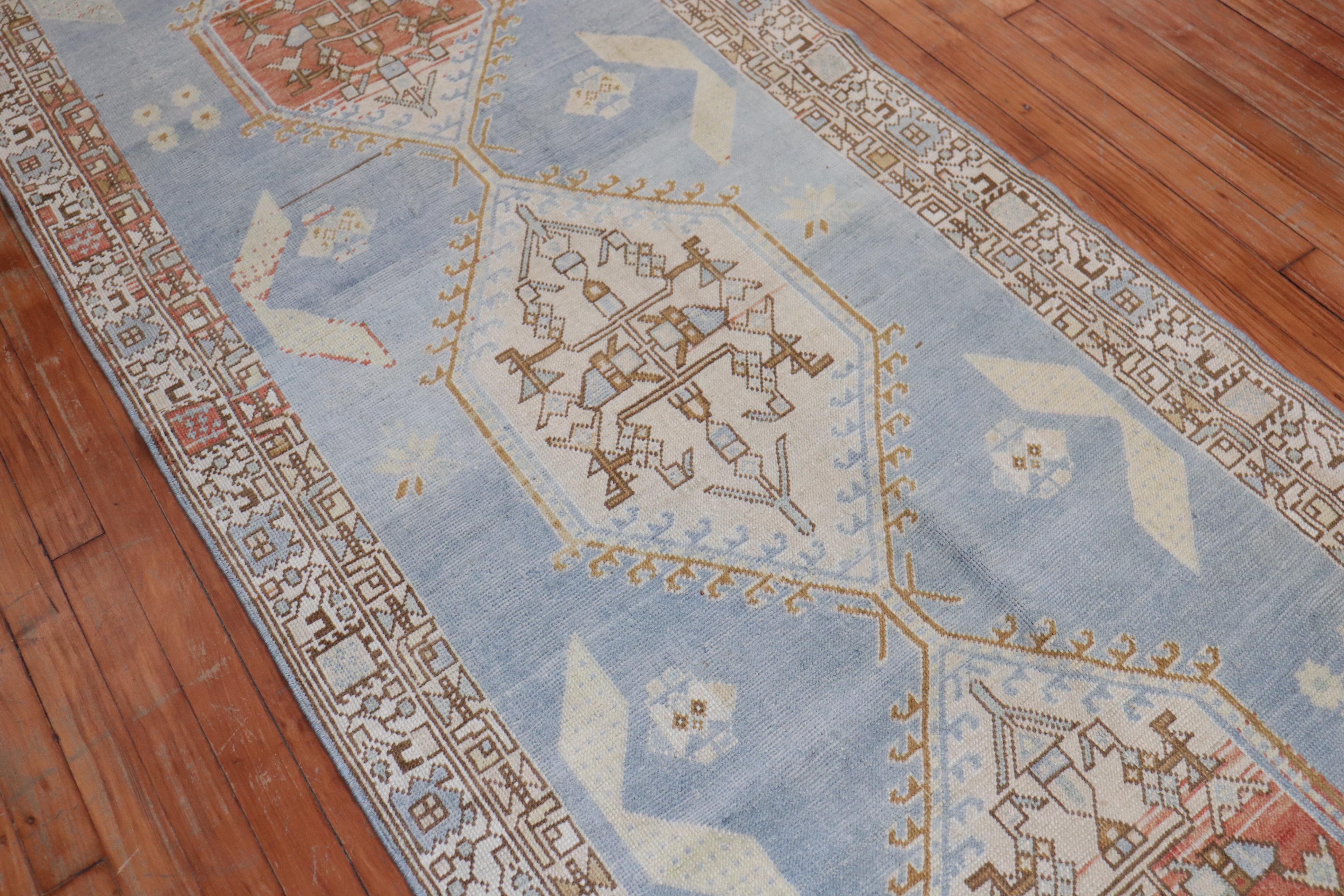 Wool Soft Blue Antique Persian Runner For Sale