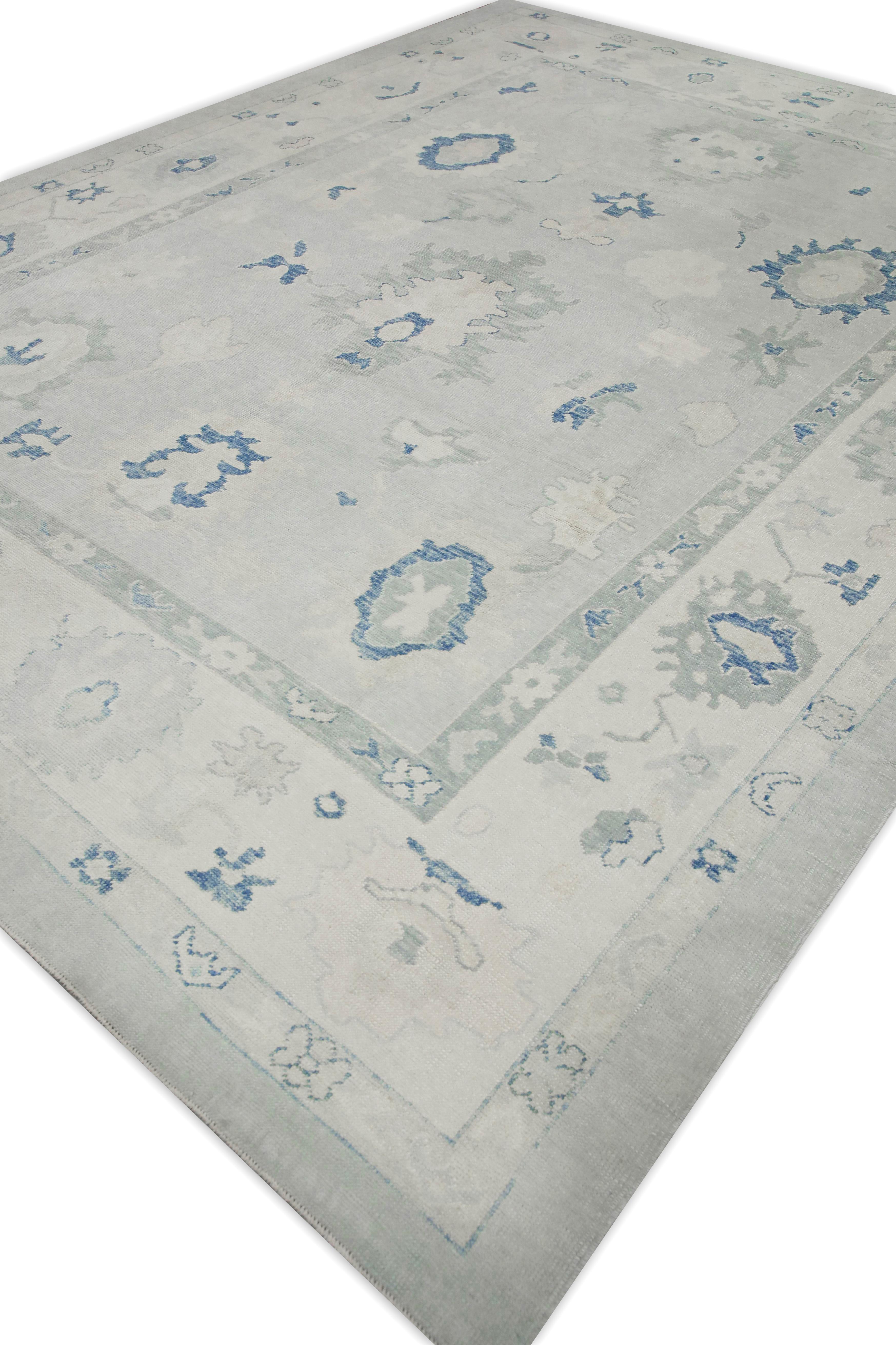 Contemporary Soft Blue Floral Design Handwoven Wool Turkish Oushak Rug 10'4