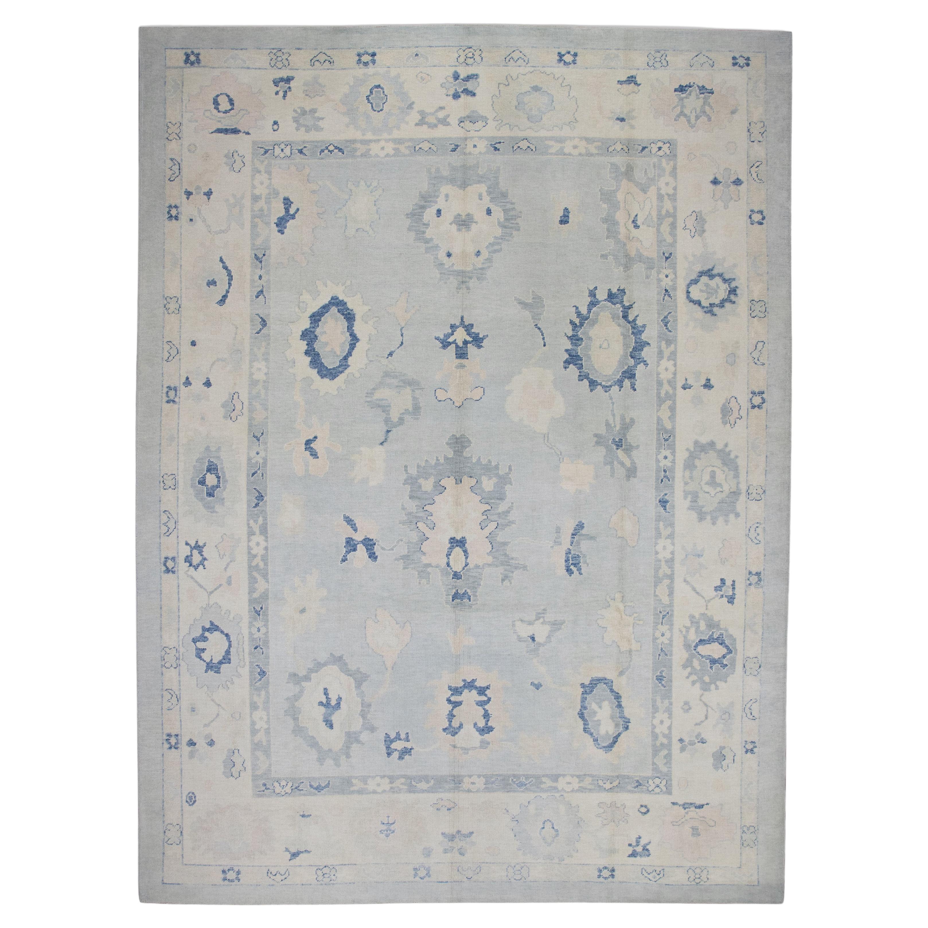 Soft Blue Floral Design Handwoven Wool Turkish Oushak Rug 10'4" X 13'9" For Sale