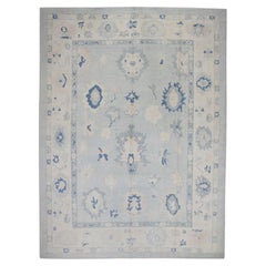 Soft Blue Floral Design Handwoven Wool Turkish Oushak Rug 10'4" X 13'9"