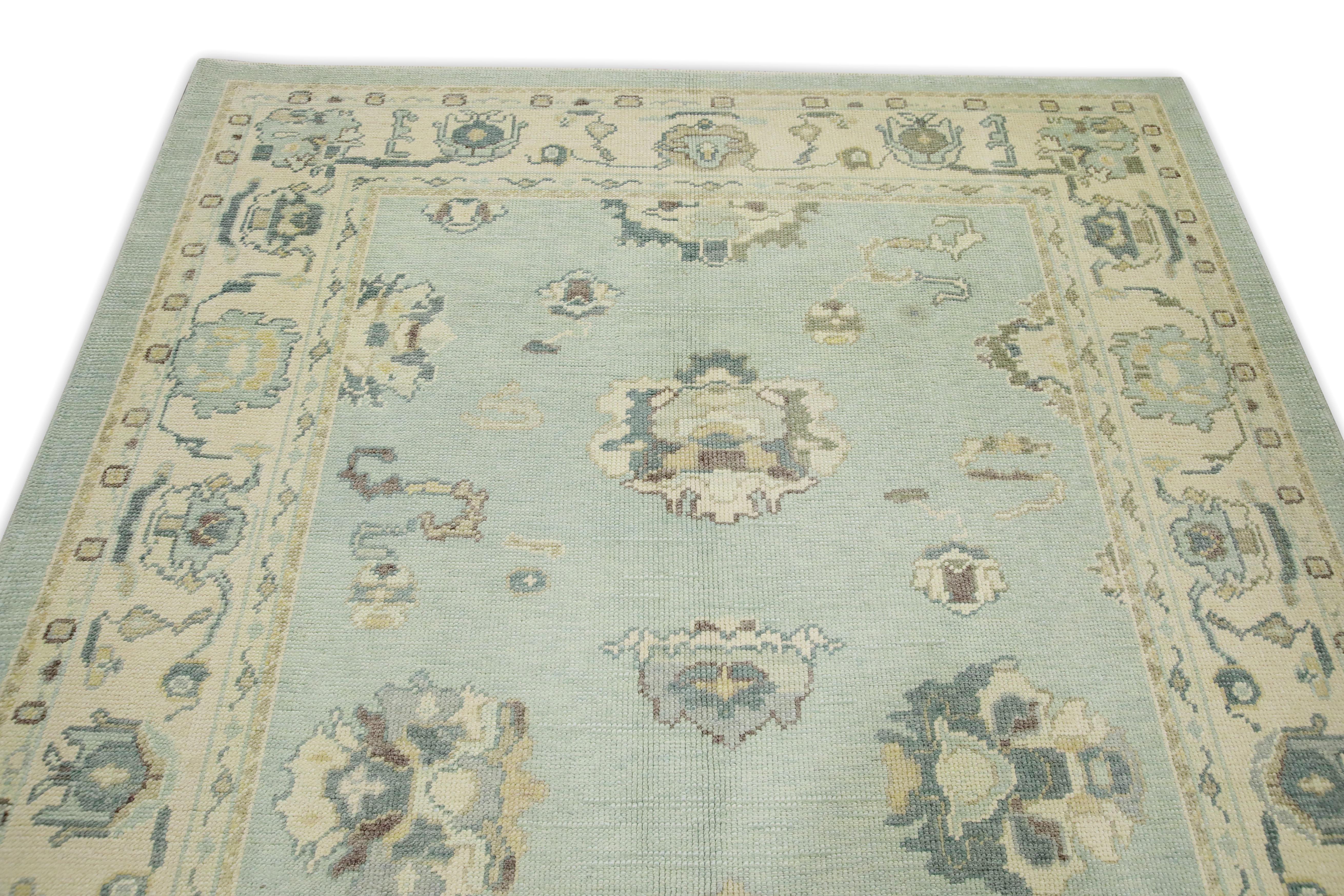 Soft Blue Floral Design Handwoven Wool Turkish Oushak Rug 6'1