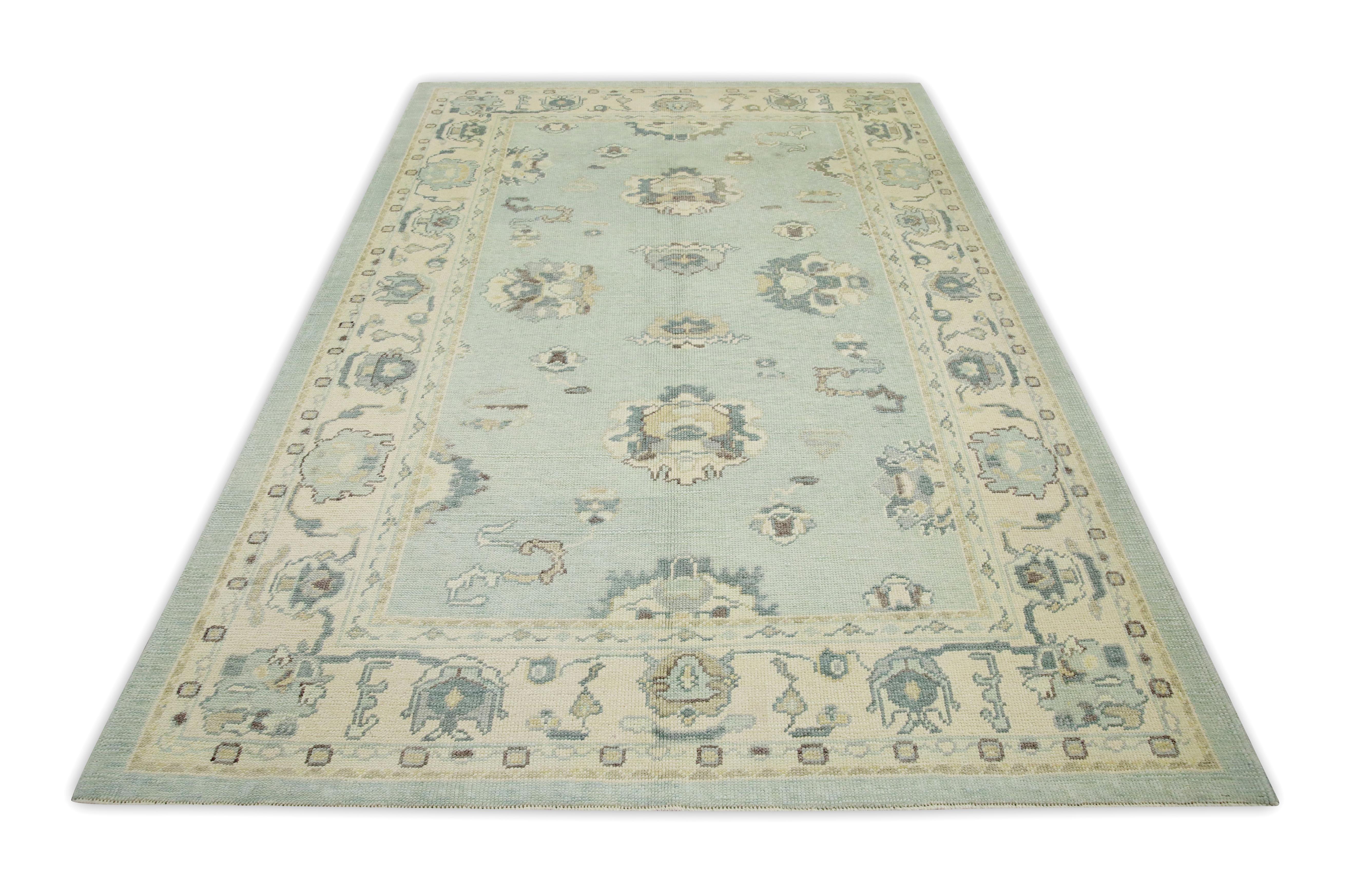 Contemporary Soft Blue Floral Design Handwoven Wool Turkish Oushak Rug 6'1