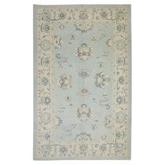 Soft Blue Floral Design Handwoven Wool Turkish Oushak Rug 6'1" x 8'11"