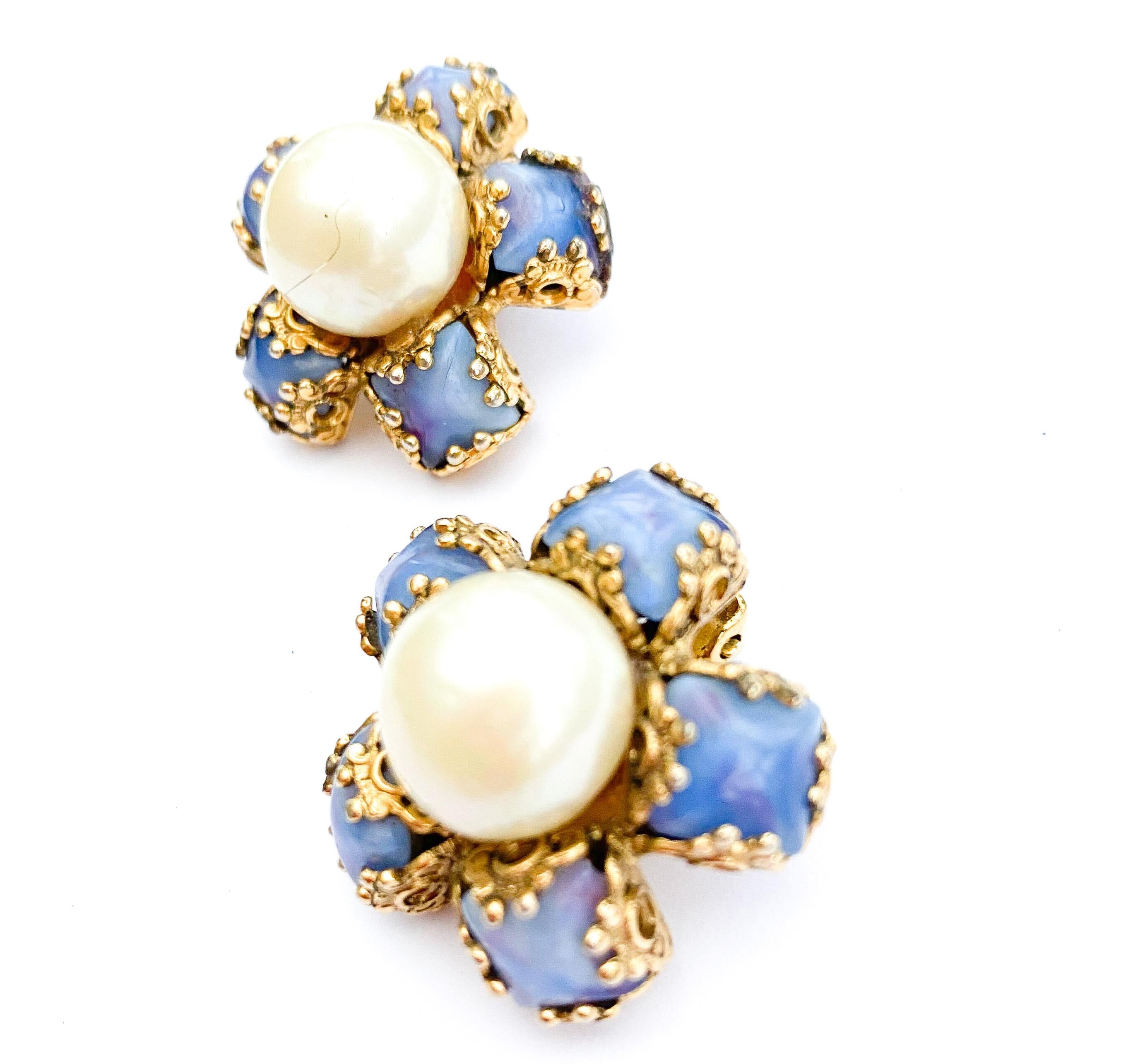 Women's Soft blue glass cabuchon and large pearl five point earrings, French, 1960s For Sale