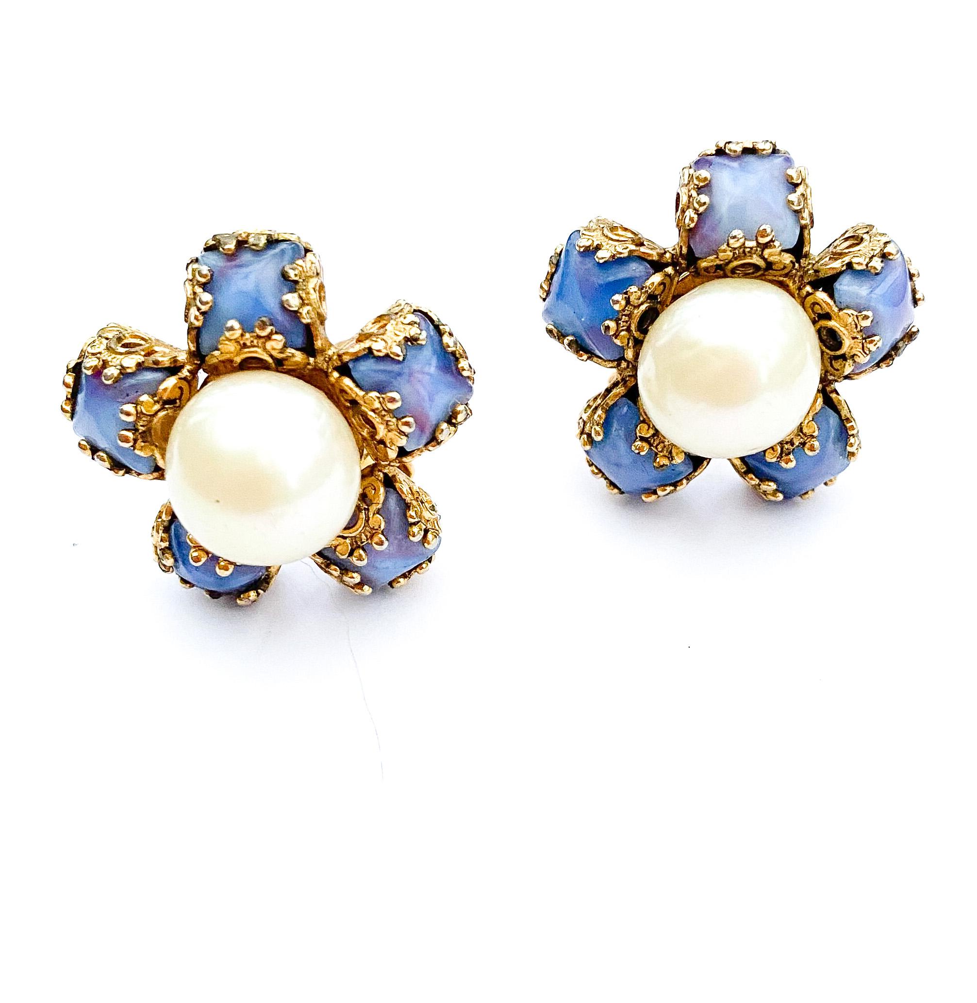 Soft blue glass cabuchon and large pearl five point earrings, French, 1960s For Sale 1